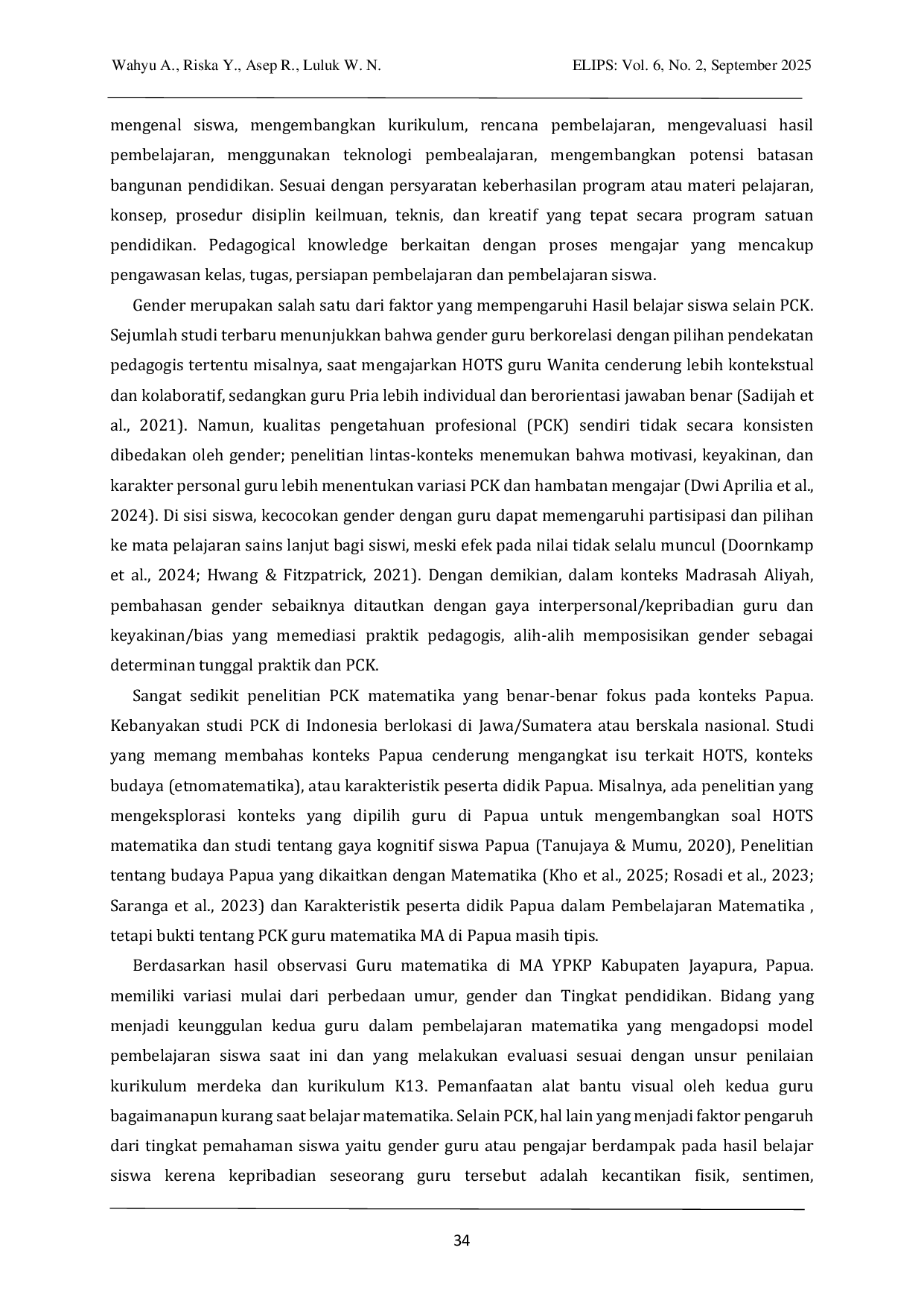 JURIS Pedagogical Content Knowledge Pck Guru Matematika Madrasah Aliyah Di Papua Ditinjau Dari Perbedaan Gender