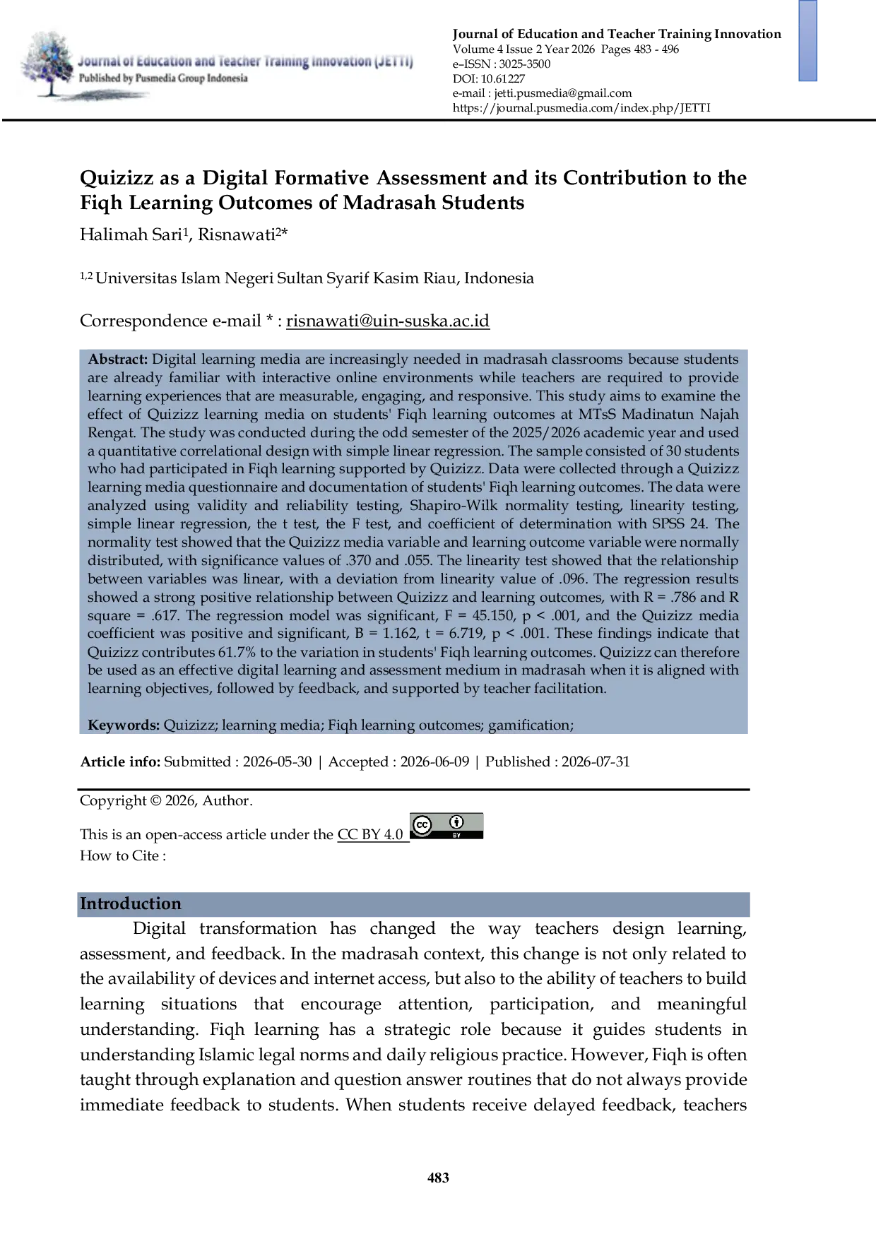 JURIS Quizizz As A Digital Formative Assessment And Its Contribution To The Fiqh Learning Outcomes Of Madrasah Students