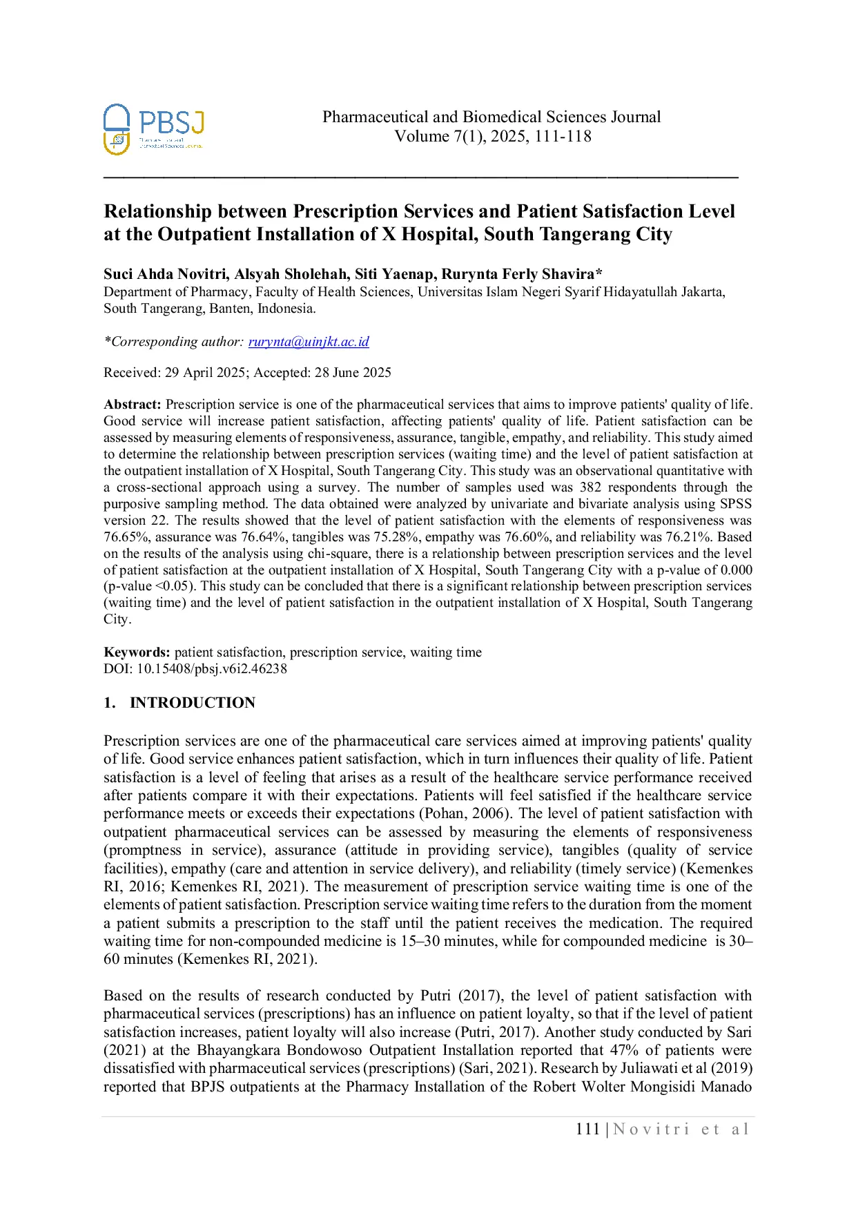 JURIS Relationship between Prescription Services and Patient Satisfaction Level at the Outpatient Installation of X Hospital South Tangerang City