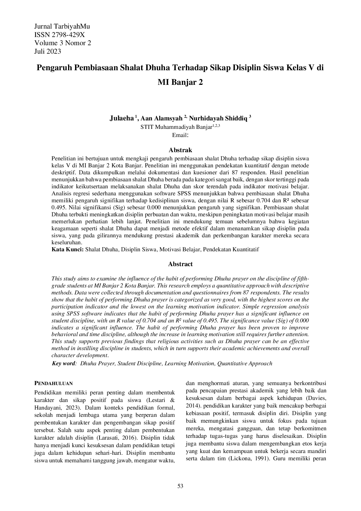JURIS Pengaruh Pembiasaan Shalat Dhuha Terhadap Sikap Disiplin Siswa Kelas V di MI Banjar 2