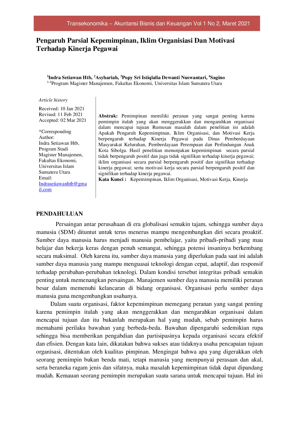 JURIS Pengaruh Parsial Kepemimpinan Iklim Organisiasi Dan Motivasi Terhadap Kinerja Pegawai