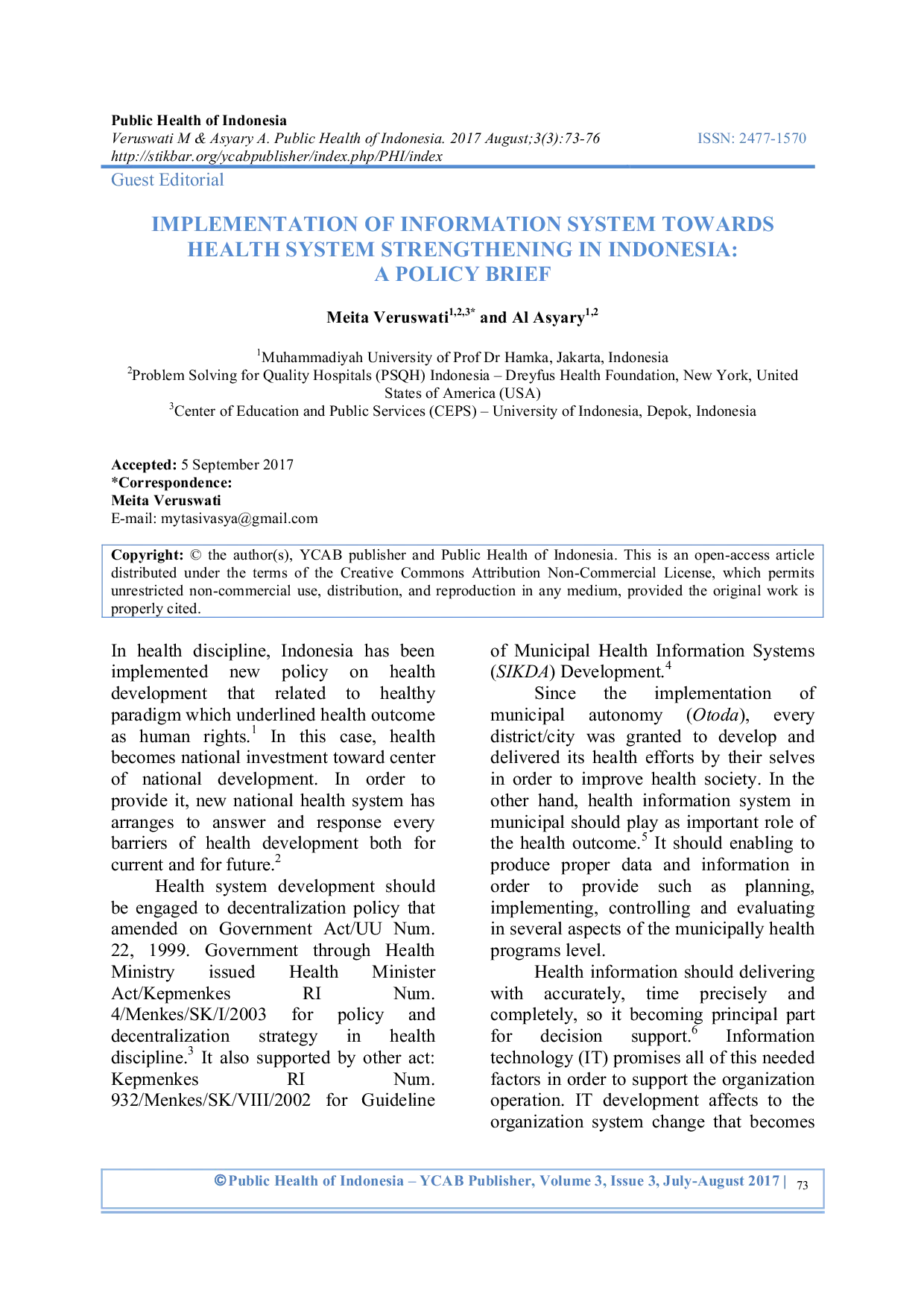 JURIS Implementation Of Information System Towards Health System Strengthening In Indonesia A Policy Brief