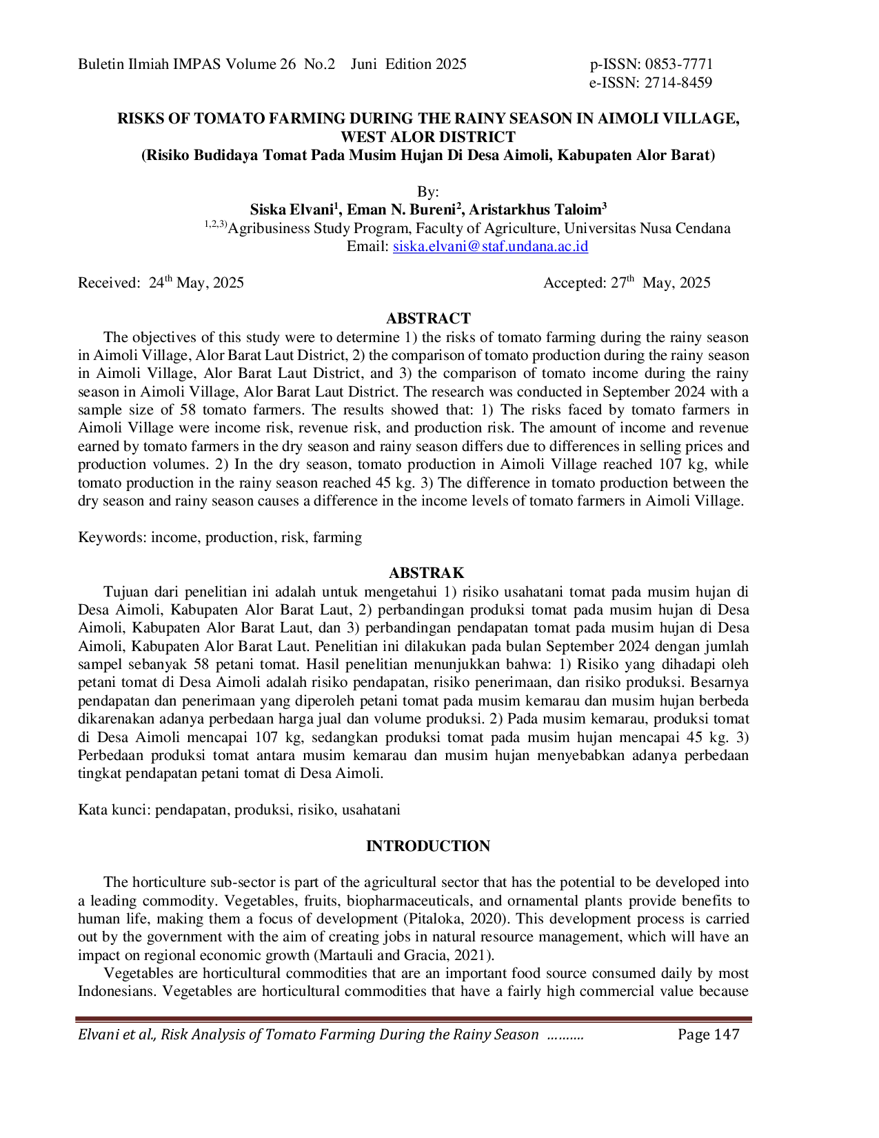 JURIS Risks of Tomato Farming During the Rainy Season in Aimoli Village West Alor District