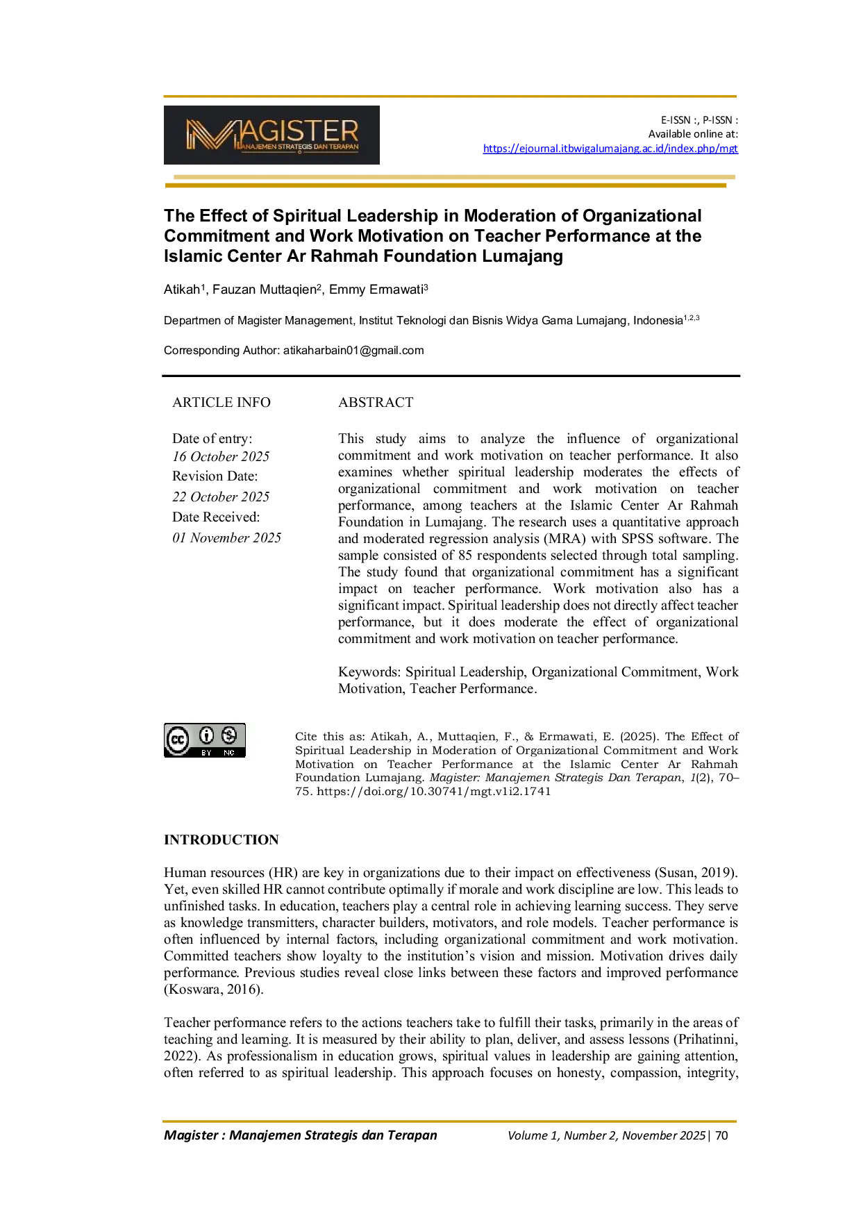 JURIS The Effect of Spiritual Leadership in Moderation of Organizational Commitment and Work Motivation on Teacher Performance at the Islamic Center Ar Rahmah Foundation Lumajang