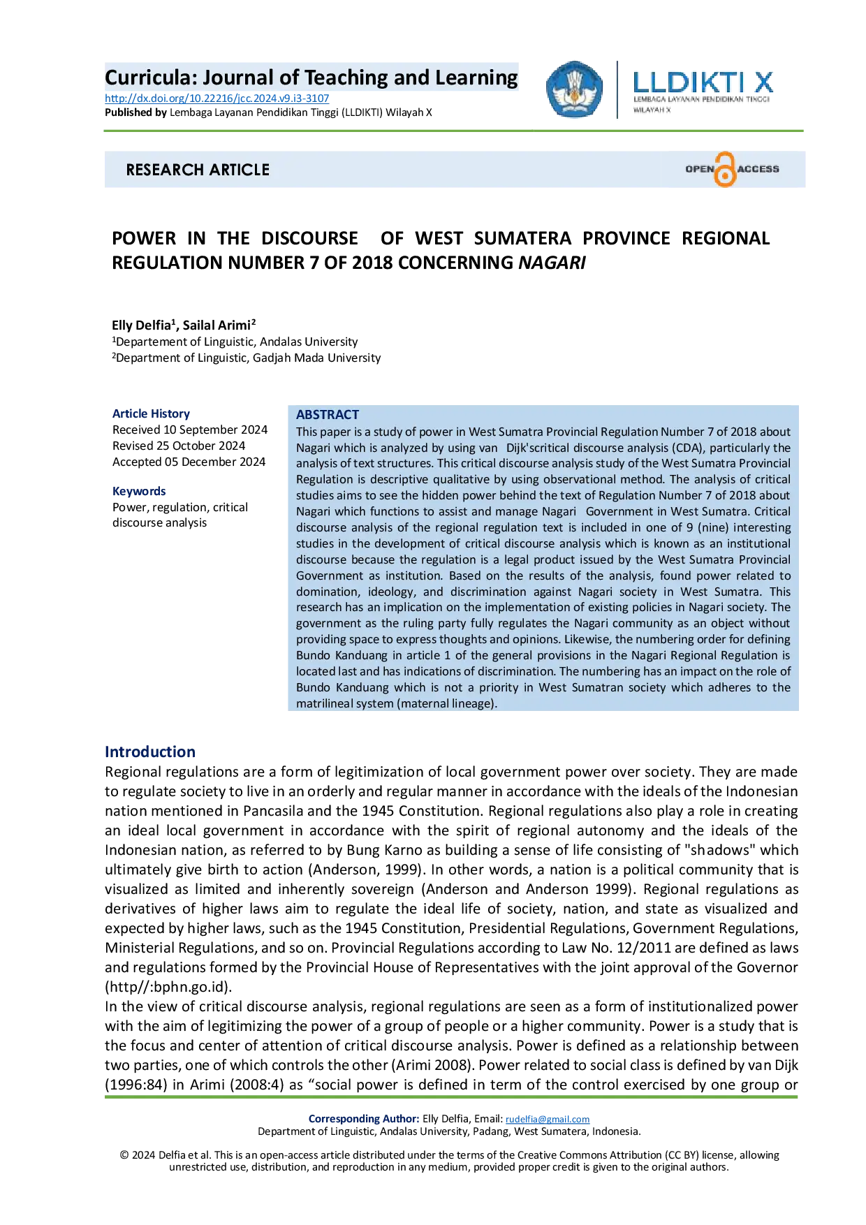 JURIS Power in the Discourse of West Sumatra Province Regional Regulation Number 7 of 2018 Concerning Nagari