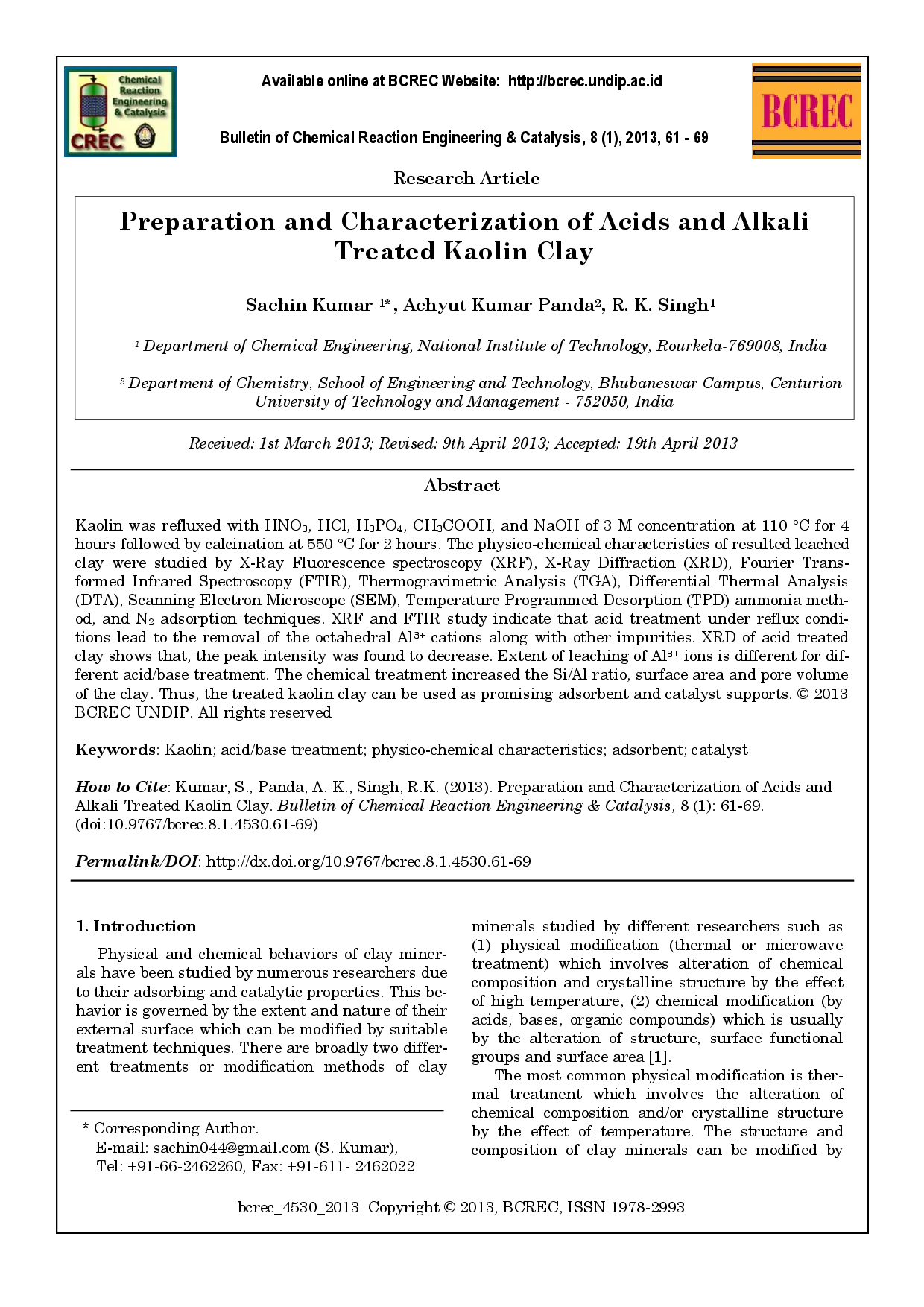 juris Preparation and Characterization of Acid and Alkaline Treated Kaolin Clay
