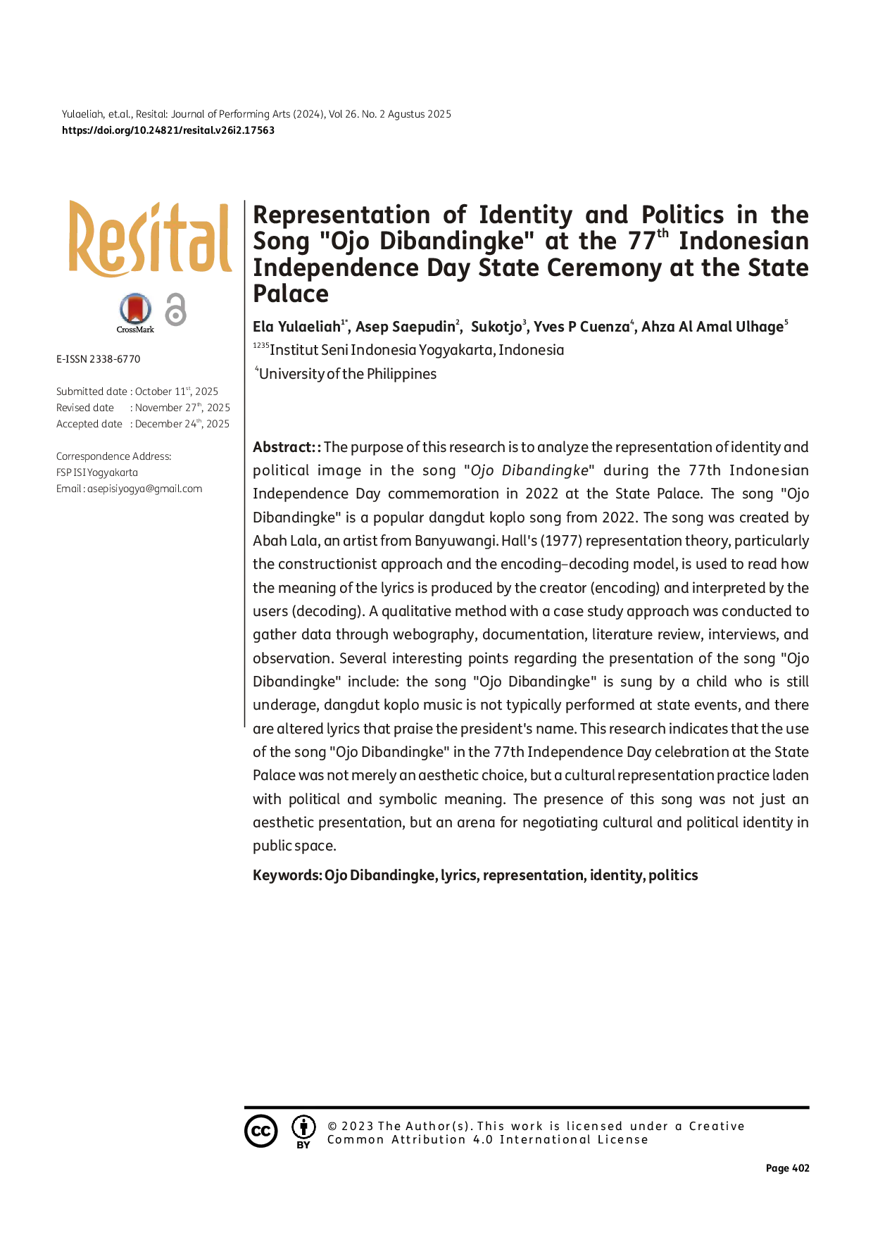 JURIS Representation of Identity and Politics in the Song Ojo Dibandingke at the 77th Indonesian Independence Day State Ceremony at the State Palace