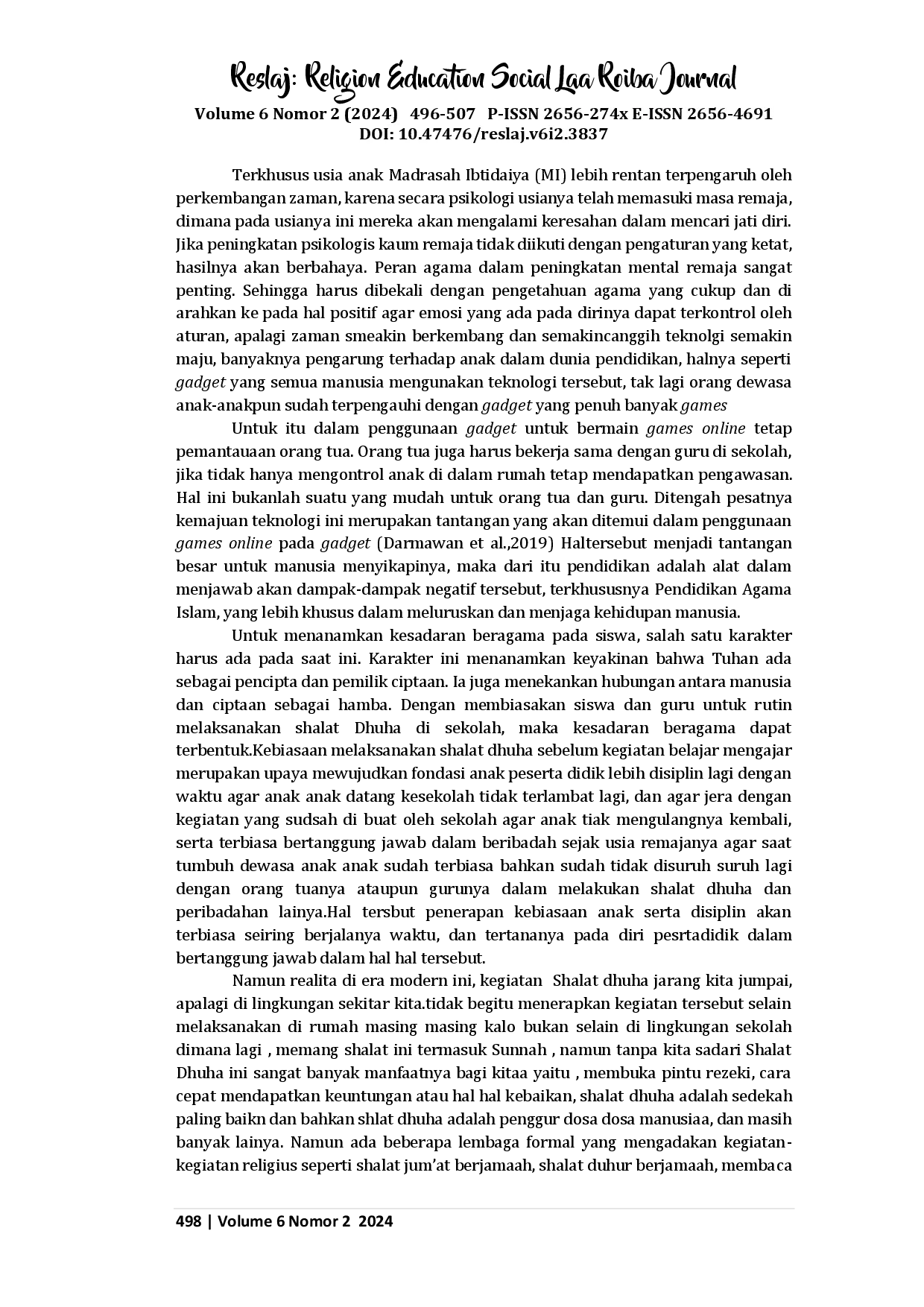 juris Implementasi Pembiasaan Shalat Dhuha untuk Meningkatkan Kedisiplinan Peserta Didik Dalam Pembentukan Karakter Religius pada Kelas V di MI Mathla ul Anwar Kota Bogor