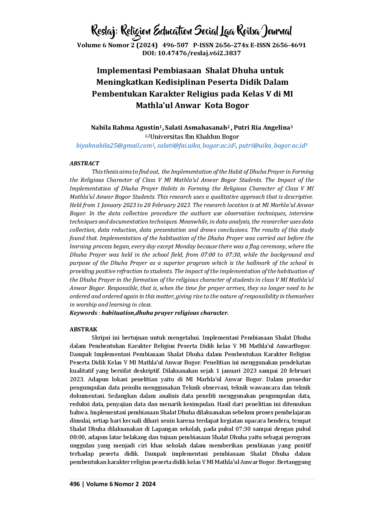 juris Implementasi Pembiasaan Shalat Dhuha untuk Meningkatkan Kedisiplinan Peserta Didik Dalam Pembentukan Karakter Religius pada Kelas V di MI Mathla ul Anwar Kota Bogor