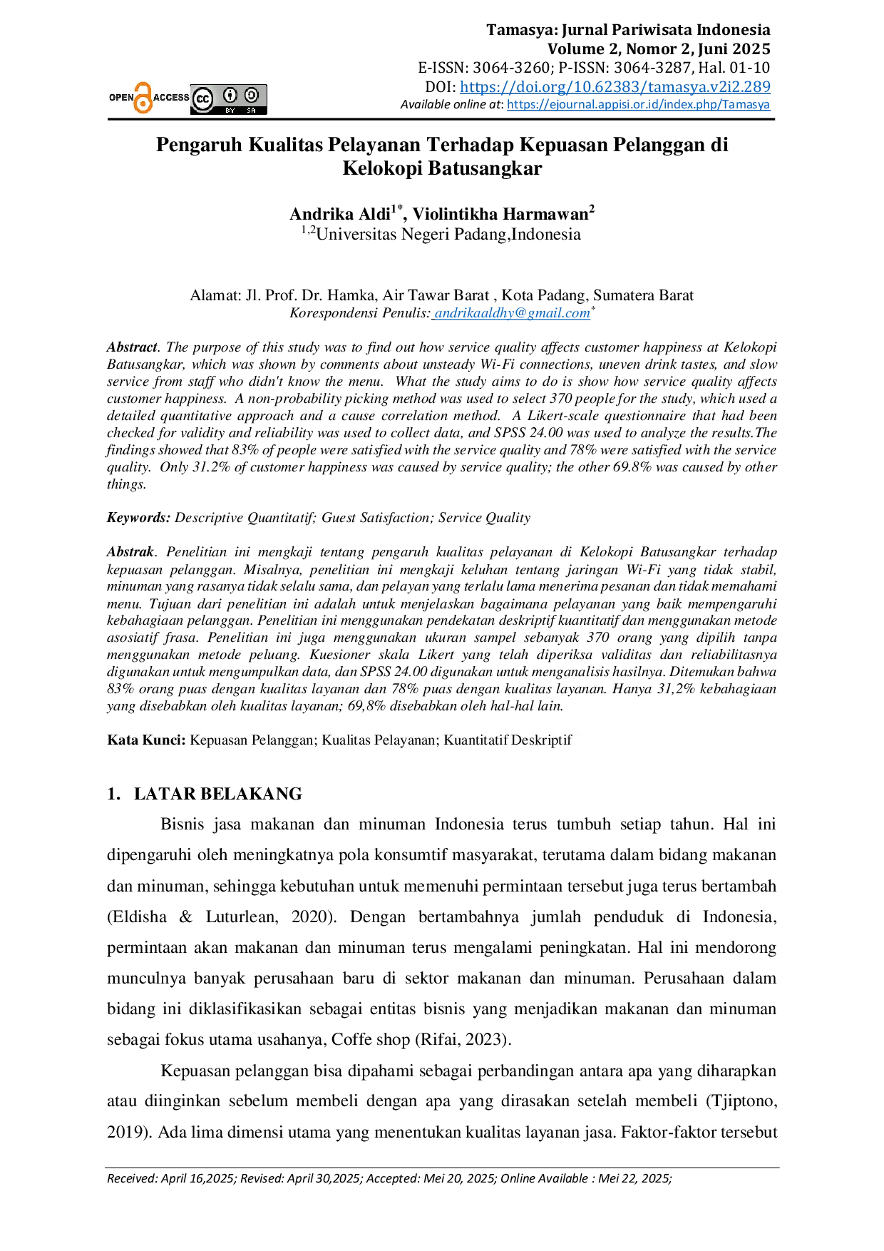 JURIS Pengaruh Kualitas Pelayanan Terhadap Kepuasan Pelanggan di Kelokopi Batusangkar