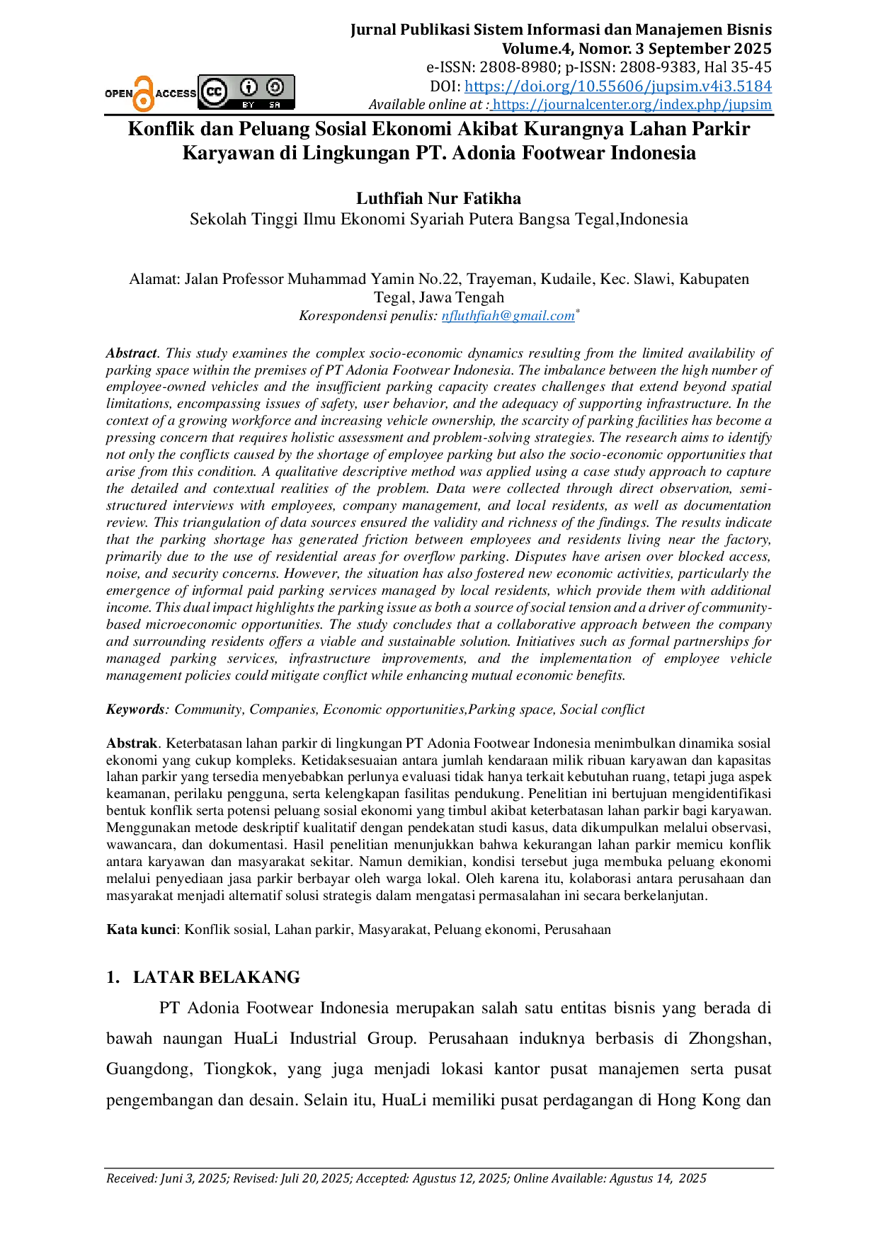 JURIS Konflik dan Peluang Sosial Ekonomi Akibat Kurangnya Lahan Parkir Karyawan di Lingkungan PT Adonia Footwear Indonesia