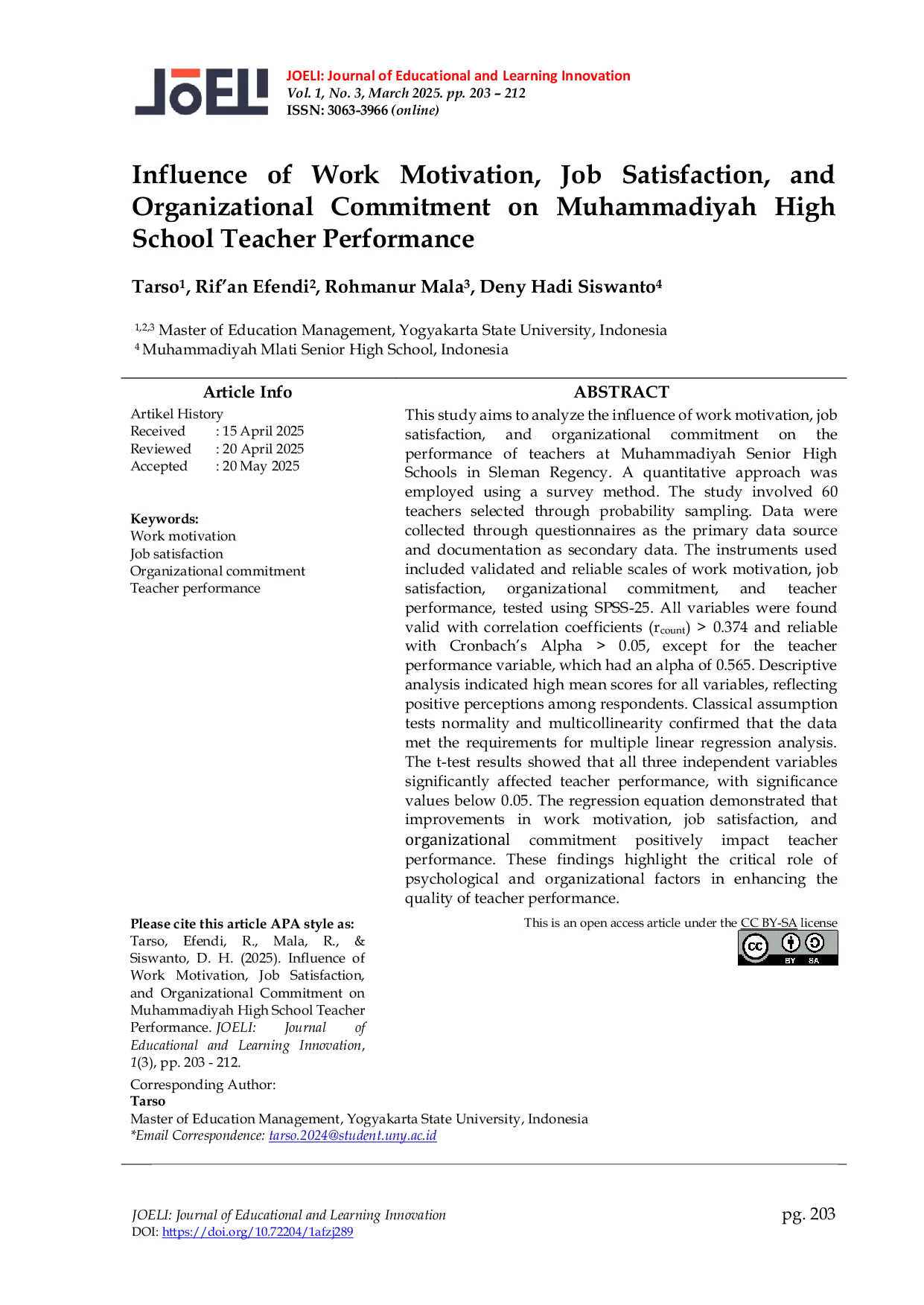 JURIS Influence of Work Motivation Job Satisfaction and Organizational Commitment on Muhammadiyah High School Teacher Performance