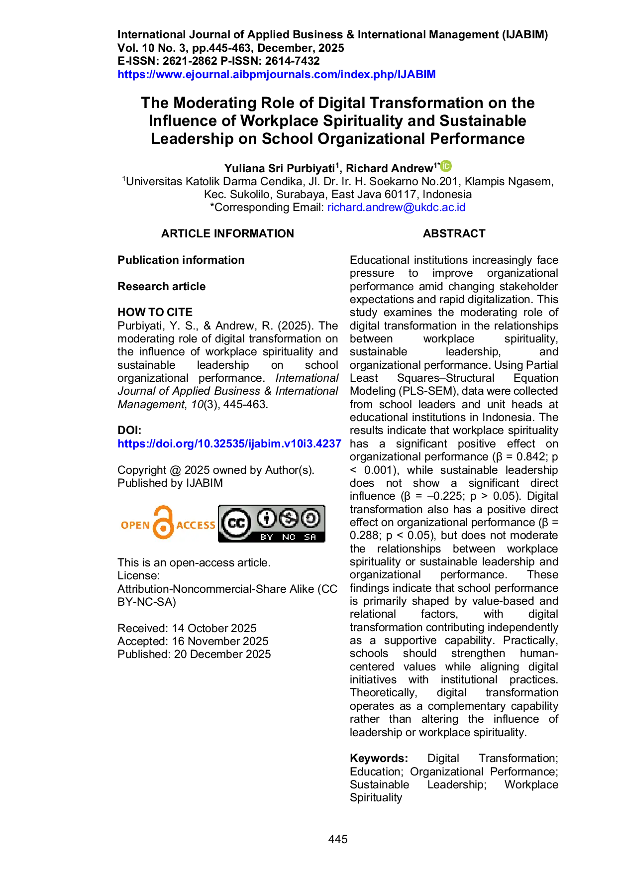JURIS The Moderating Role of Digital Transformation on the Influence of Workplace Spirituality and Sustainable Leadership on School Organizational Performance