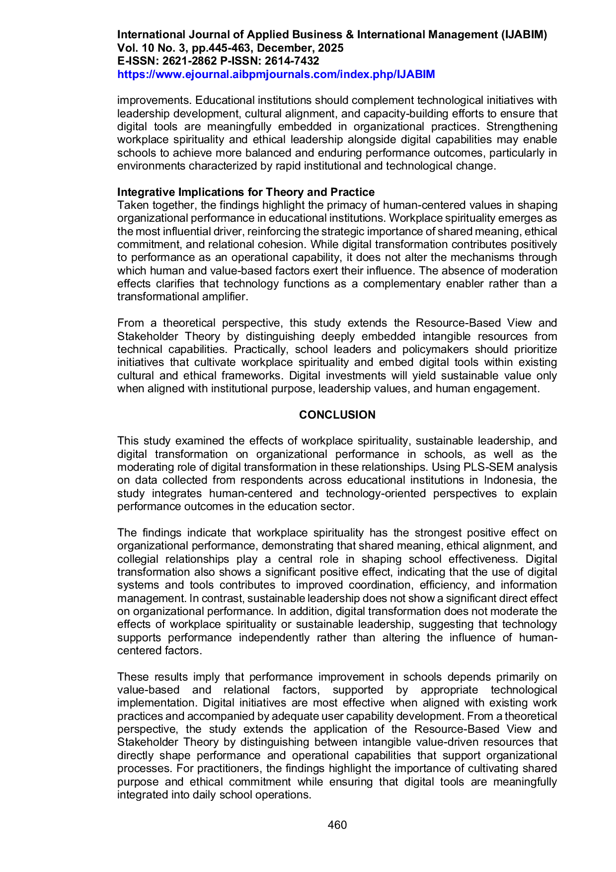 JURIS The Moderating Role of Digital Transformation on the Influence of Workplace Spirituality and Sustainable Leadership on School Organizational Performance