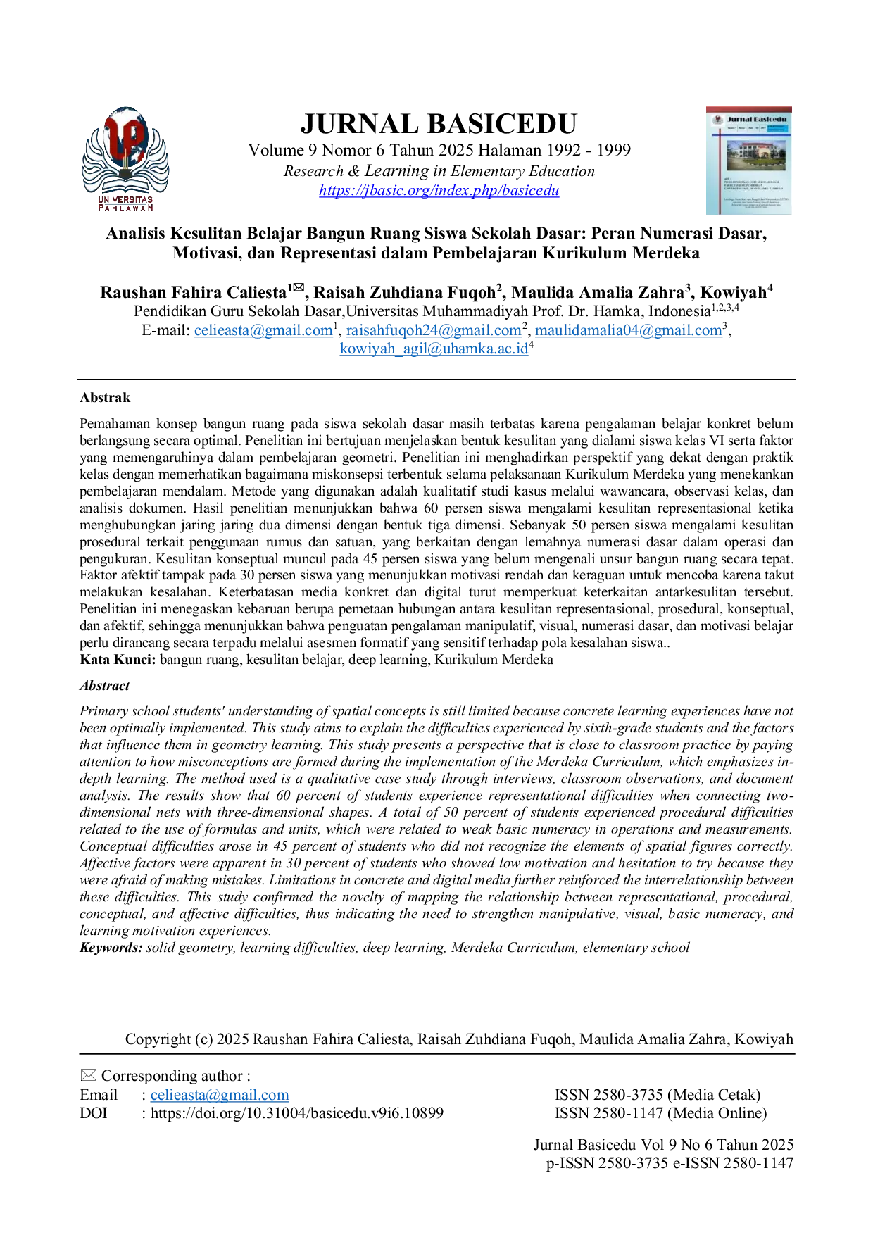 JURIS Analisis Kesulitan Belajar Bangun Ruang Siswa Sekolah Dasar Peran Numerasi Dasar Motivasi dan Representasi dalam Pembelajaran Kurikulum Merdeka