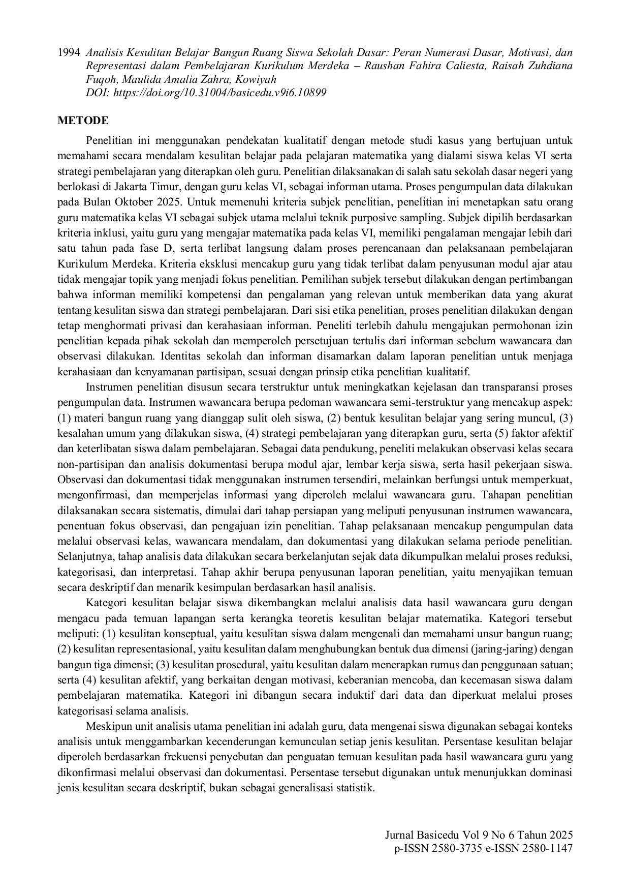 JURIS Analisis Kesulitan Belajar Bangun Ruang Siswa Sekolah Dasar Peran Numerasi Dasar Motivasi dan Representasi dalam Pembelajaran Kurikulum Merdeka