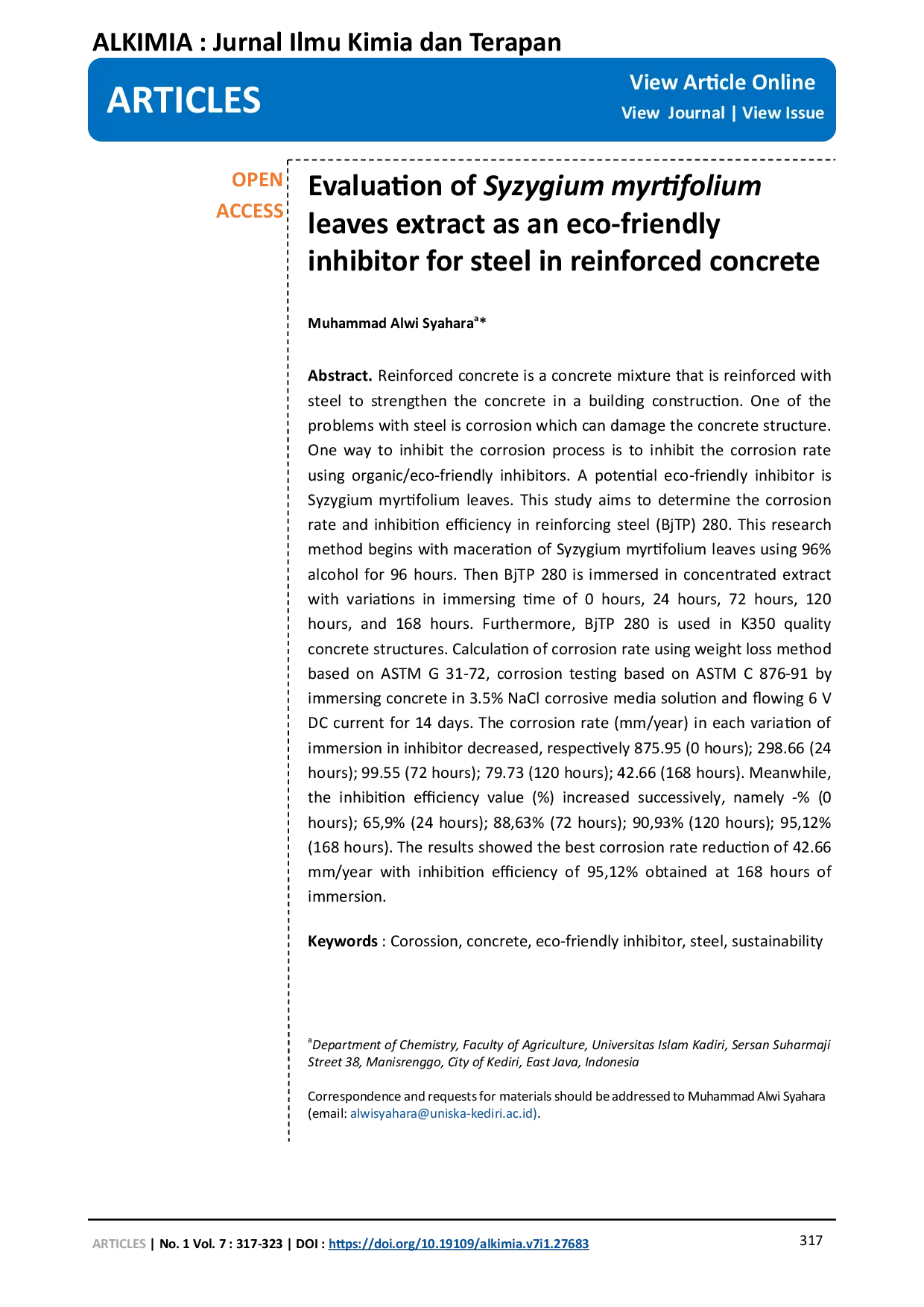 JURIS Evaluation of Syzygium myrtifolium leaves extract as an eco friendly inhibitor for steel in reinforced concrete