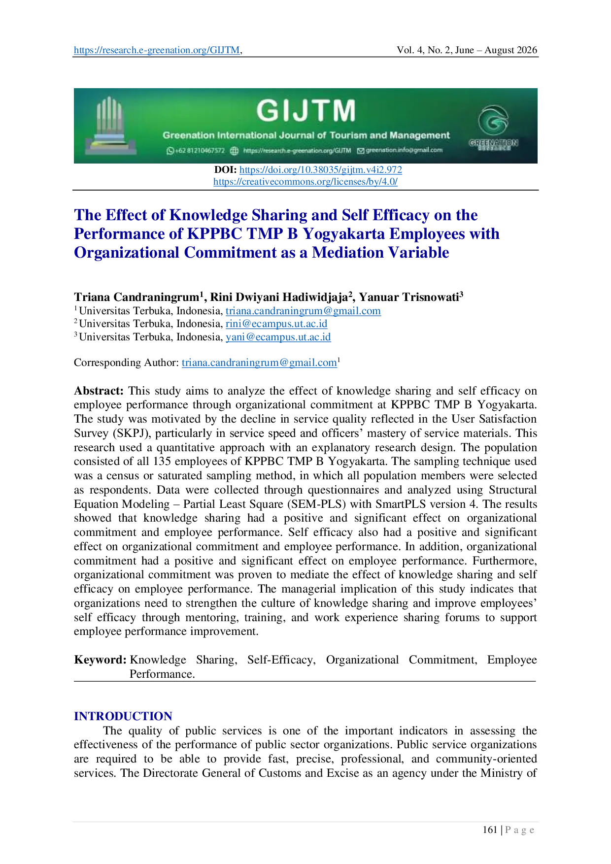 JURIS The Effect of Knowledge Sharing and Self Efficacy on the Performance of KPPBC TMP B Yogyakarta Employees with Organizational Commitment as a Mediation Variable