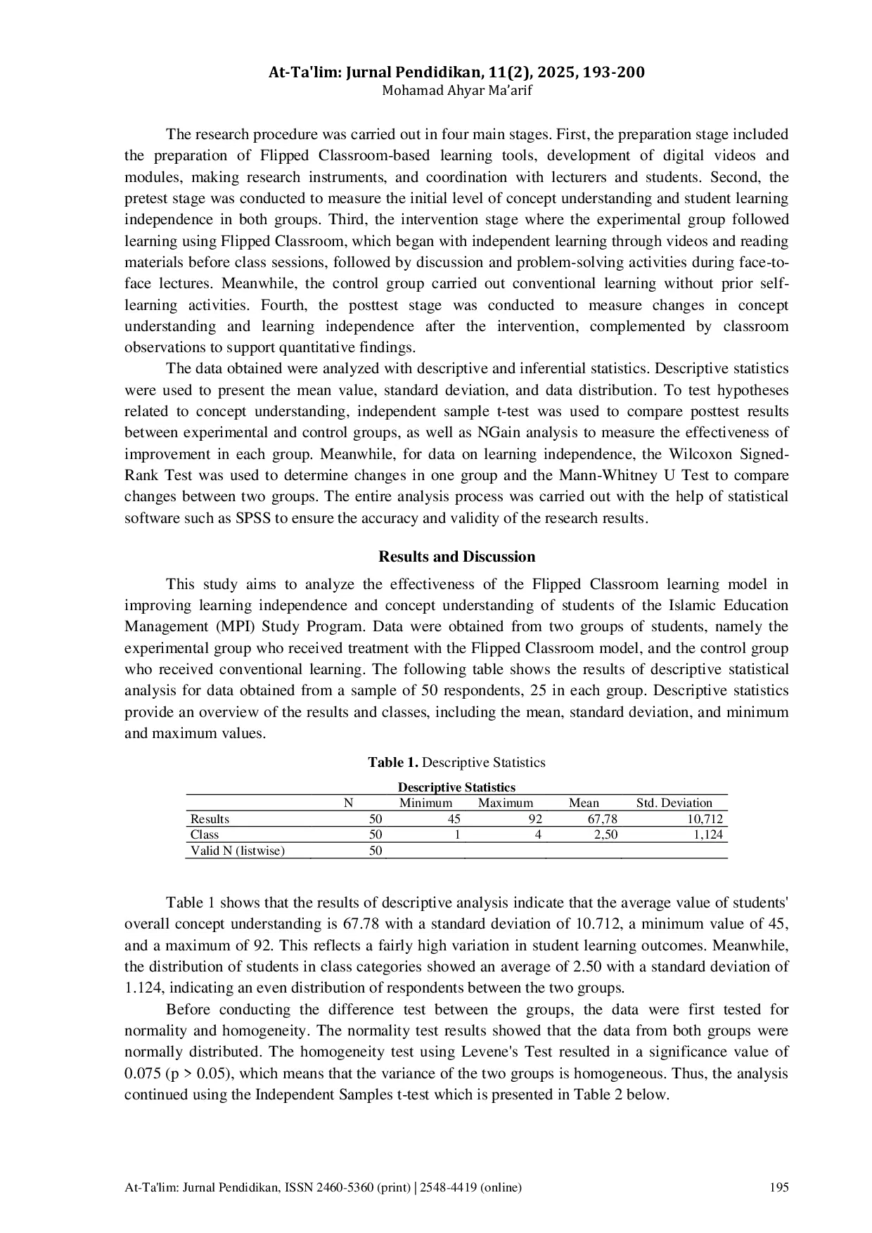 JURIS Implementasi Flipped Classroom sebagai Strategi Pembelajaran Inovatif untuk Meningkatkan Kemandirian dan Pemahaman Konsep Mahasiswa Program Studi MPI