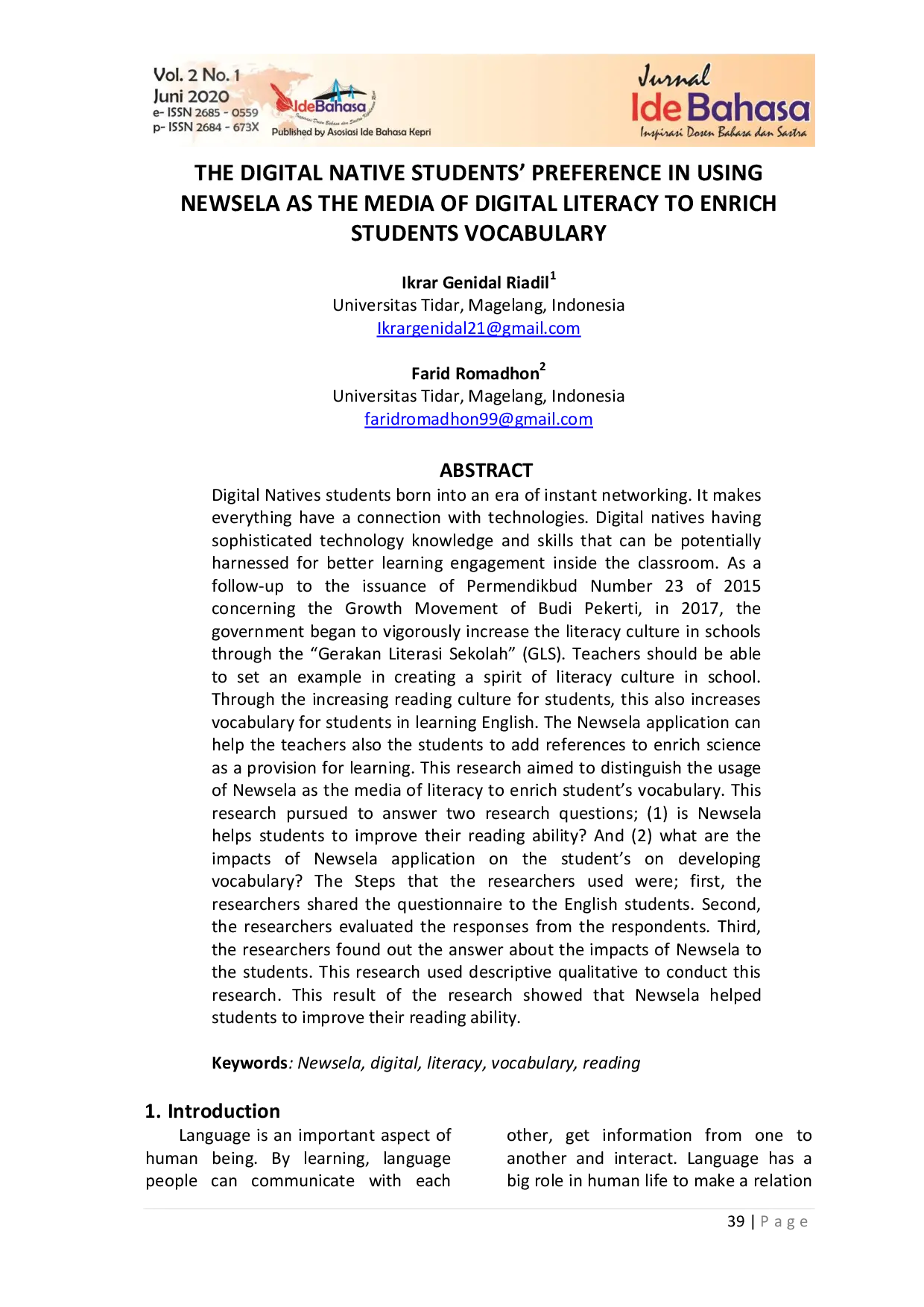 juris The Digital Native Students Preference in Using Newsela as the Media of Digital Literacy to Enrich Students Vocabulary