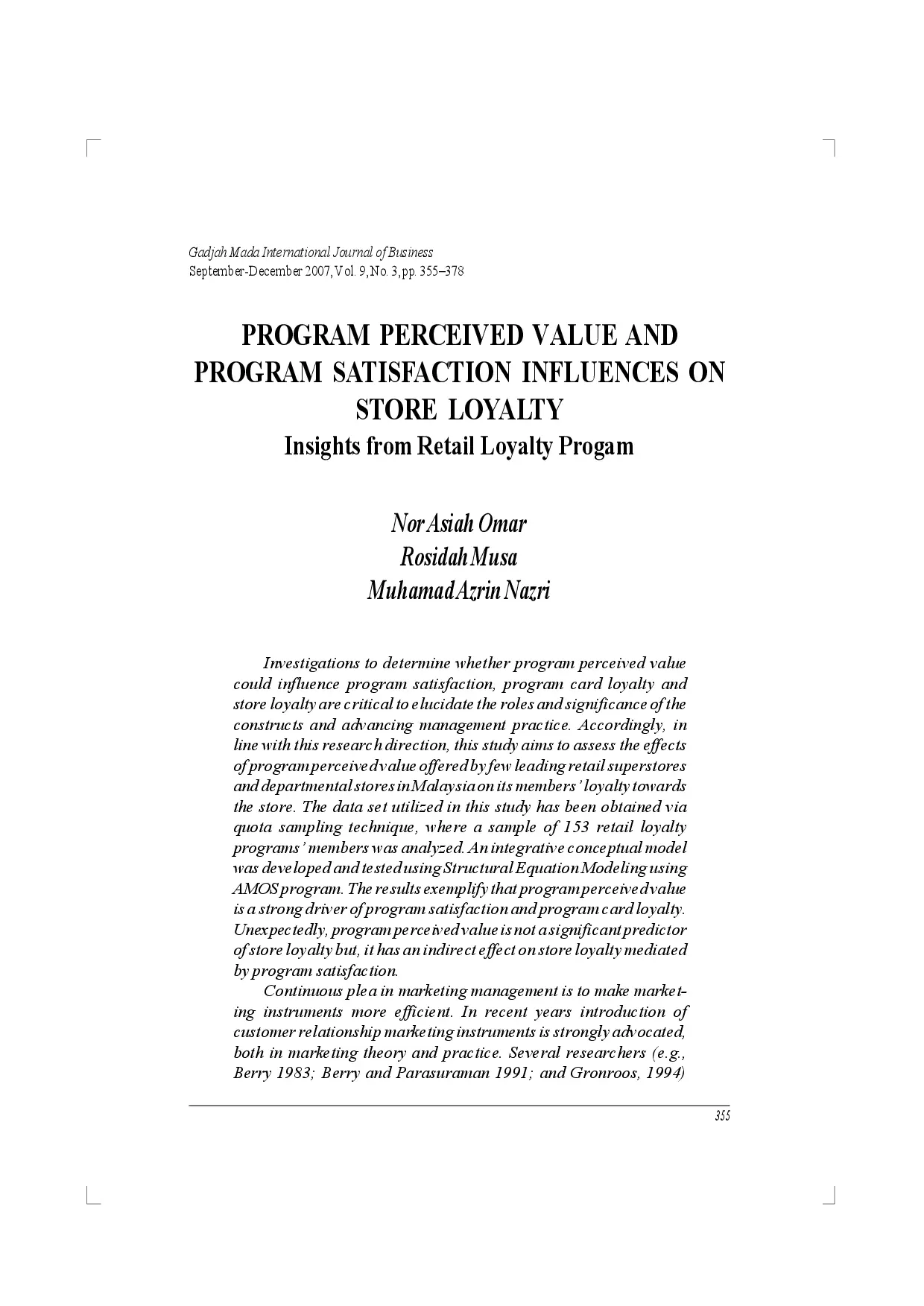juris Program Perceived Value and Program Satisfaction Influences on Store Loyalty Insights from Retail Loyalty Progam