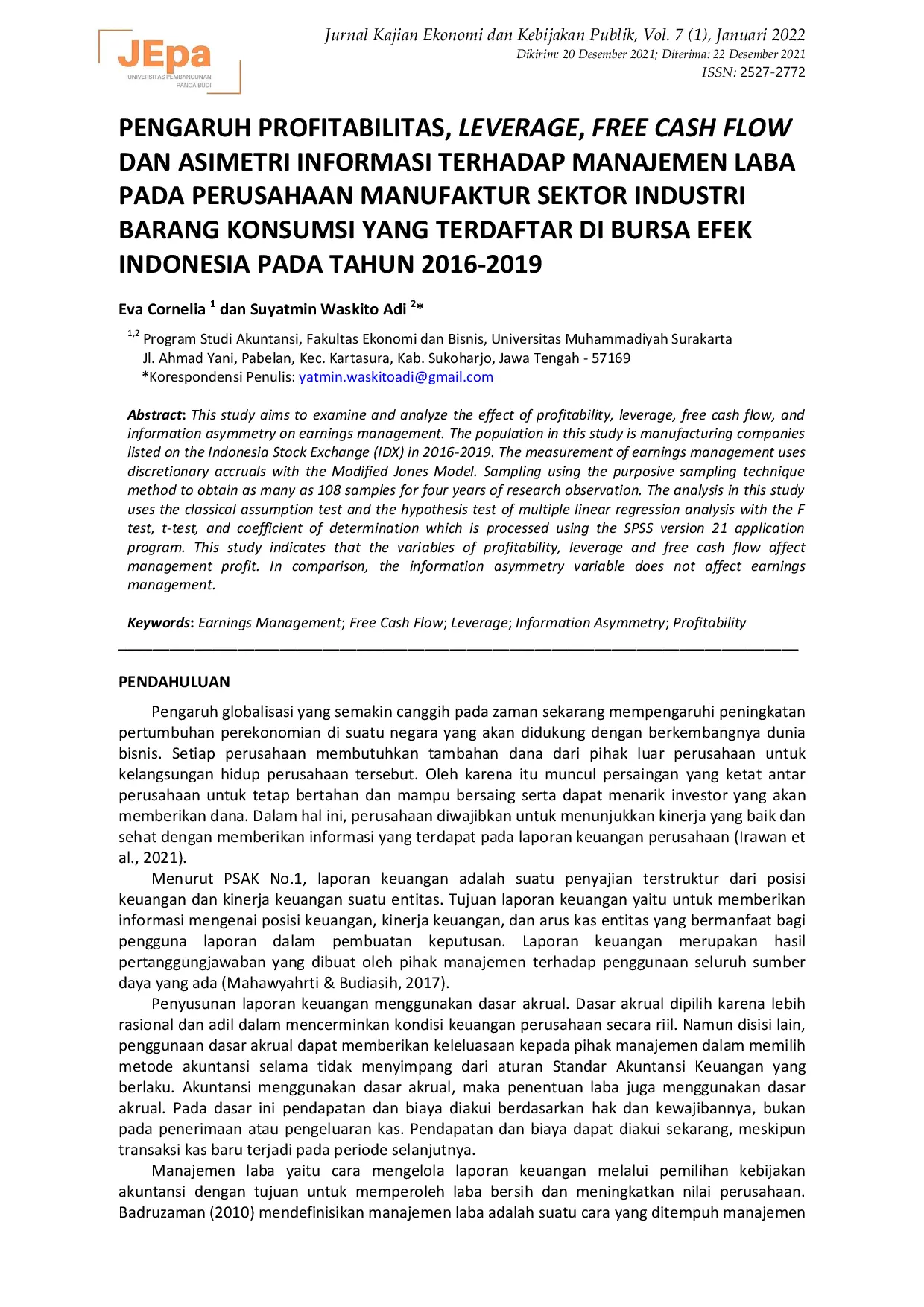 JURIS Pengaruh Profitabilitas Leverage Free Cash Flow dan Asimetri Informasi Terhadap Manajemen Laba pada Perusahaan Manufaktur Sektor Industri Barang Konsumsi yang Terdaftar di Bursa Efek Indonesia pada