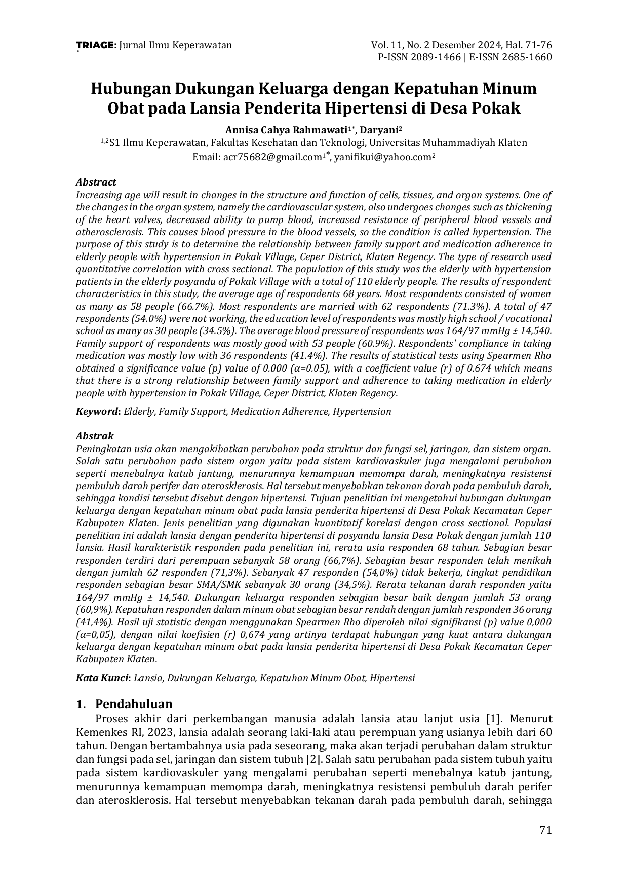 JURIS Hubungan Dukungan Keluarga dengan Kepatuhan Minum Obat pada Lansia Penderita Hipertensi di Desa Pokak