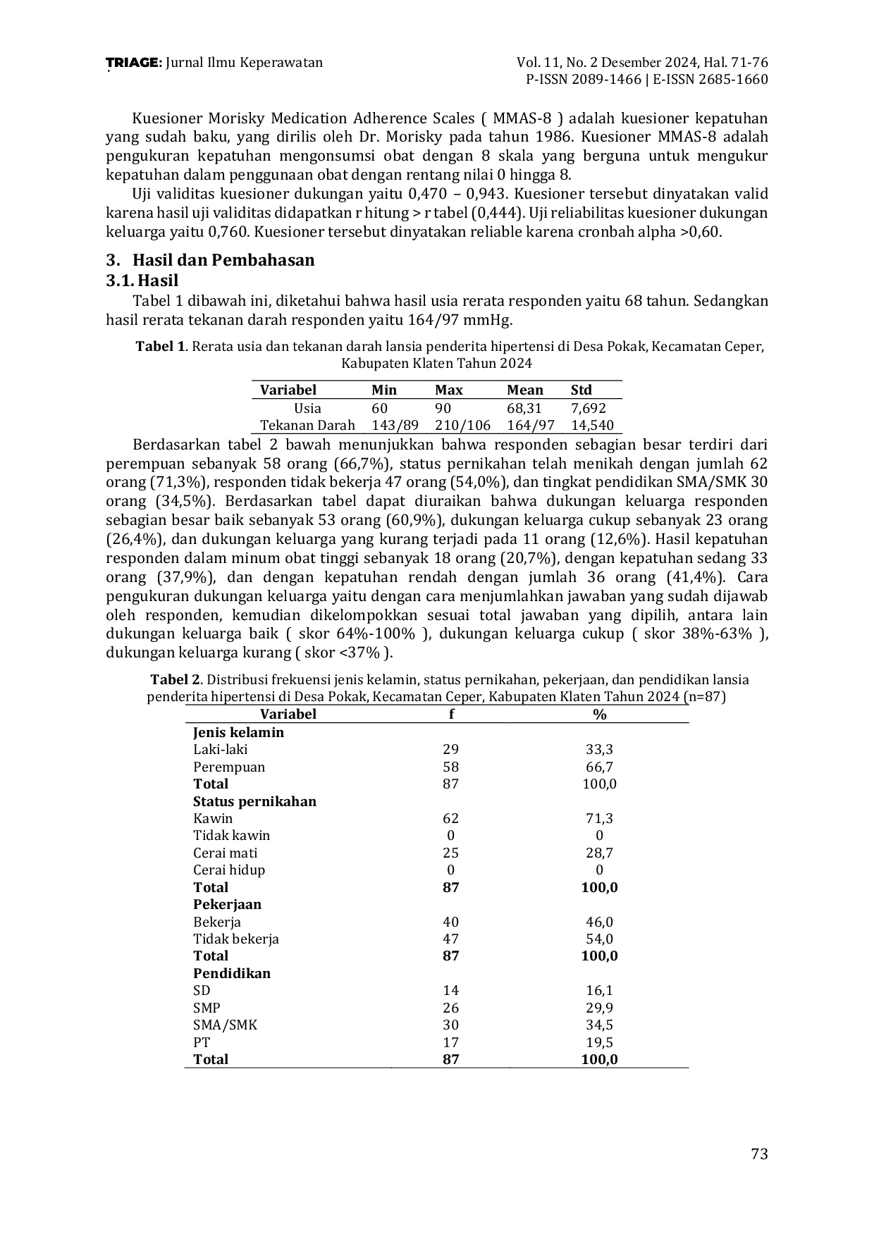 JURIS Hubungan Dukungan Keluarga dengan Kepatuhan Minum Obat pada Lansia Penderita Hipertensi di Desa Pokak