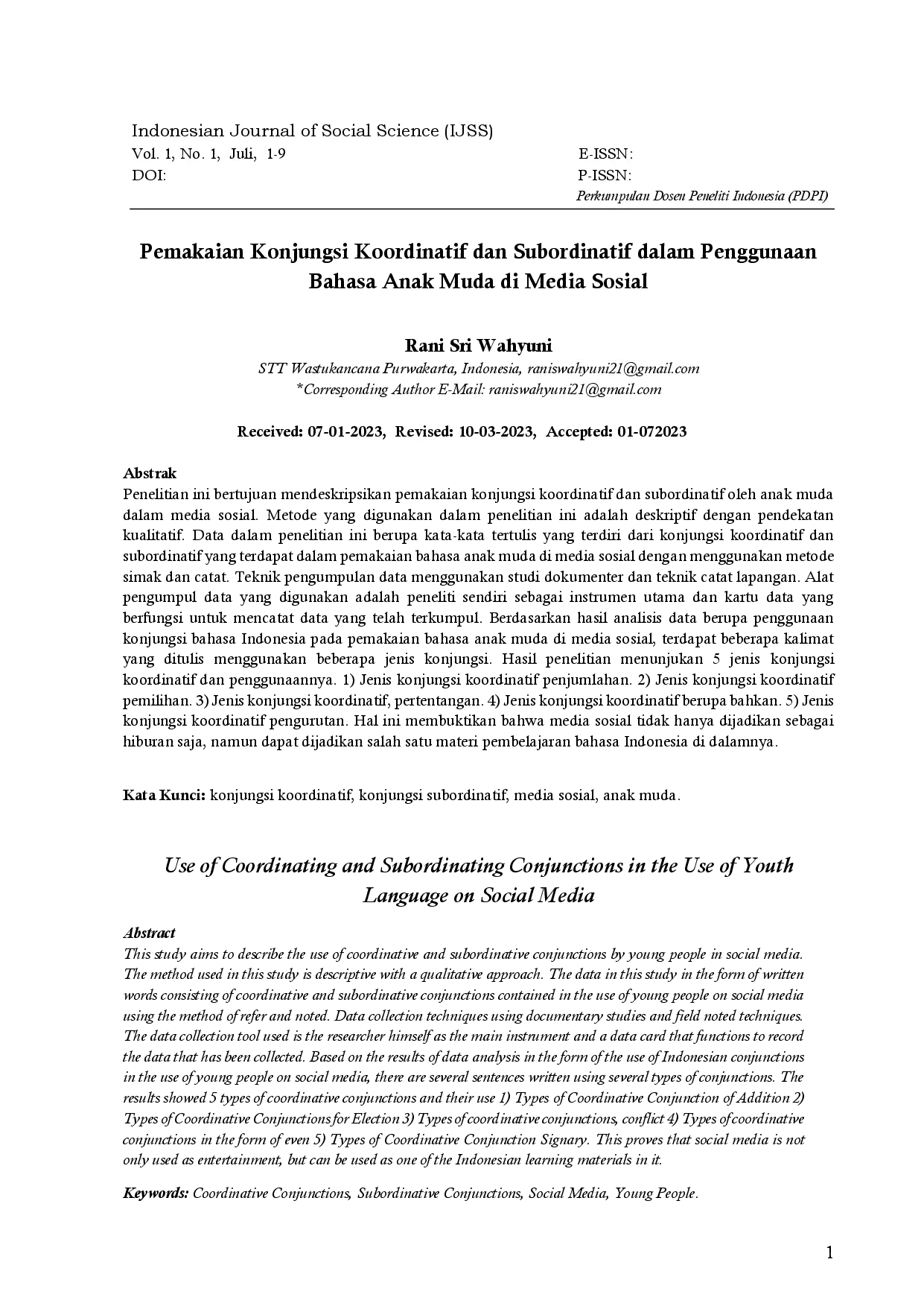juris Pemakaian Konjungsi Koordinatif dan Subordinatif dalam Penggunaan Bahasa Anak Muda di Media Sosial