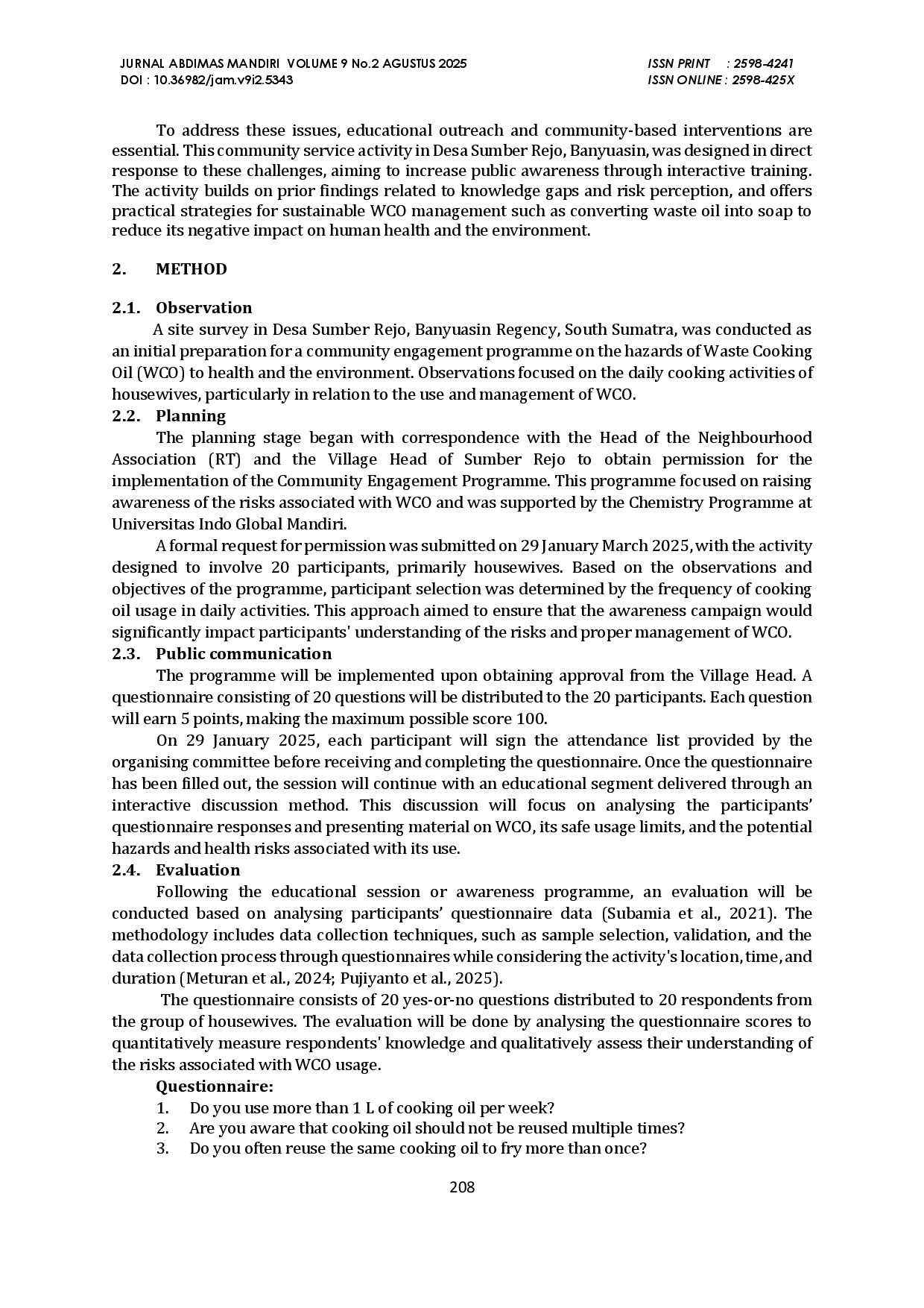 juris Increasing Awareness of Waste Cooking Oil Risks through Interactive Training in Desa Sumber Rejo