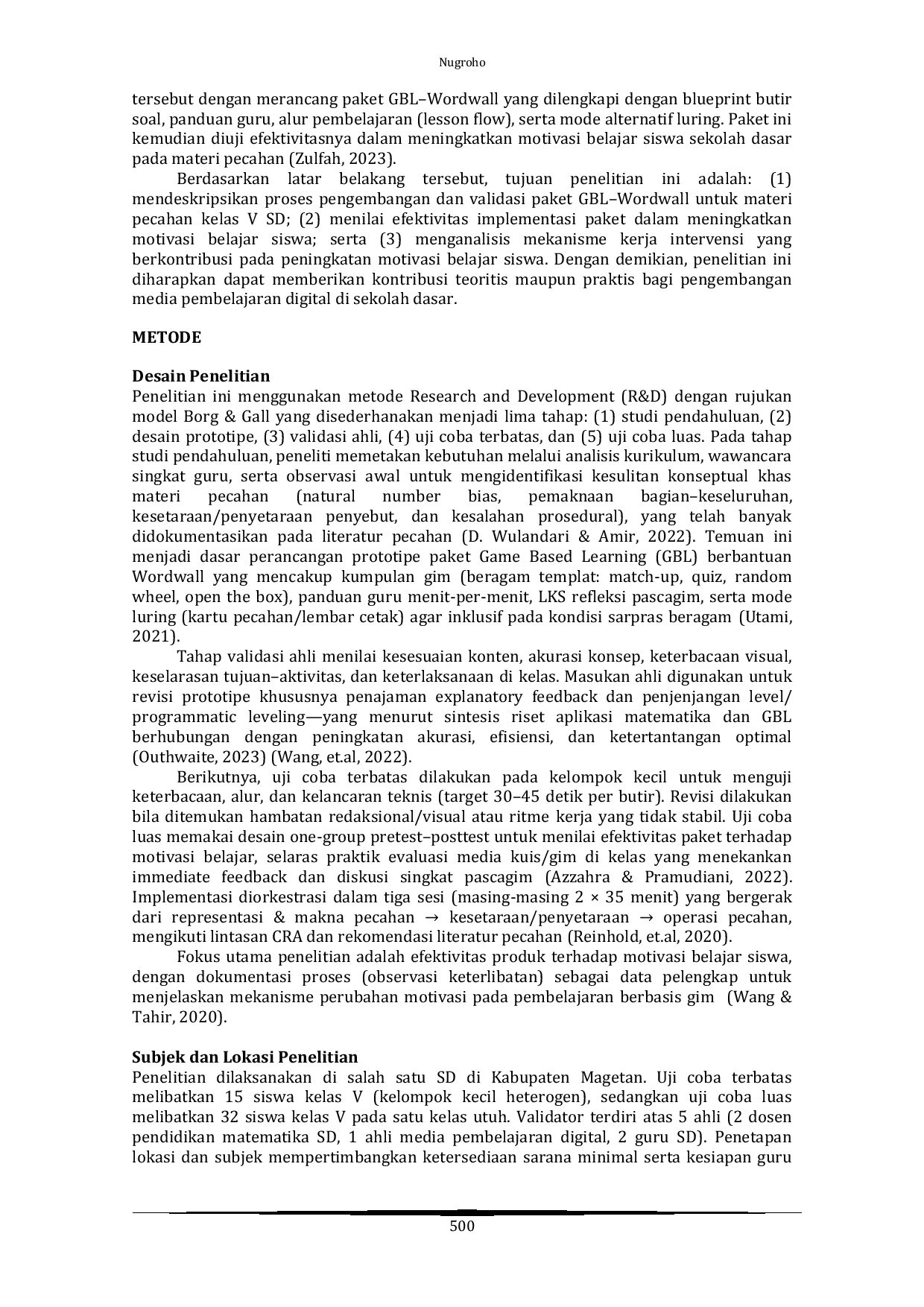 JURIS Pengembangan Game Based Learning Berbantuan Wordwall Dalam Pembelajaran Matematika Materi Pecahan Untuk Meningkatkan Motivasi Belajar Siswa Kelas V Sekolah Dasar