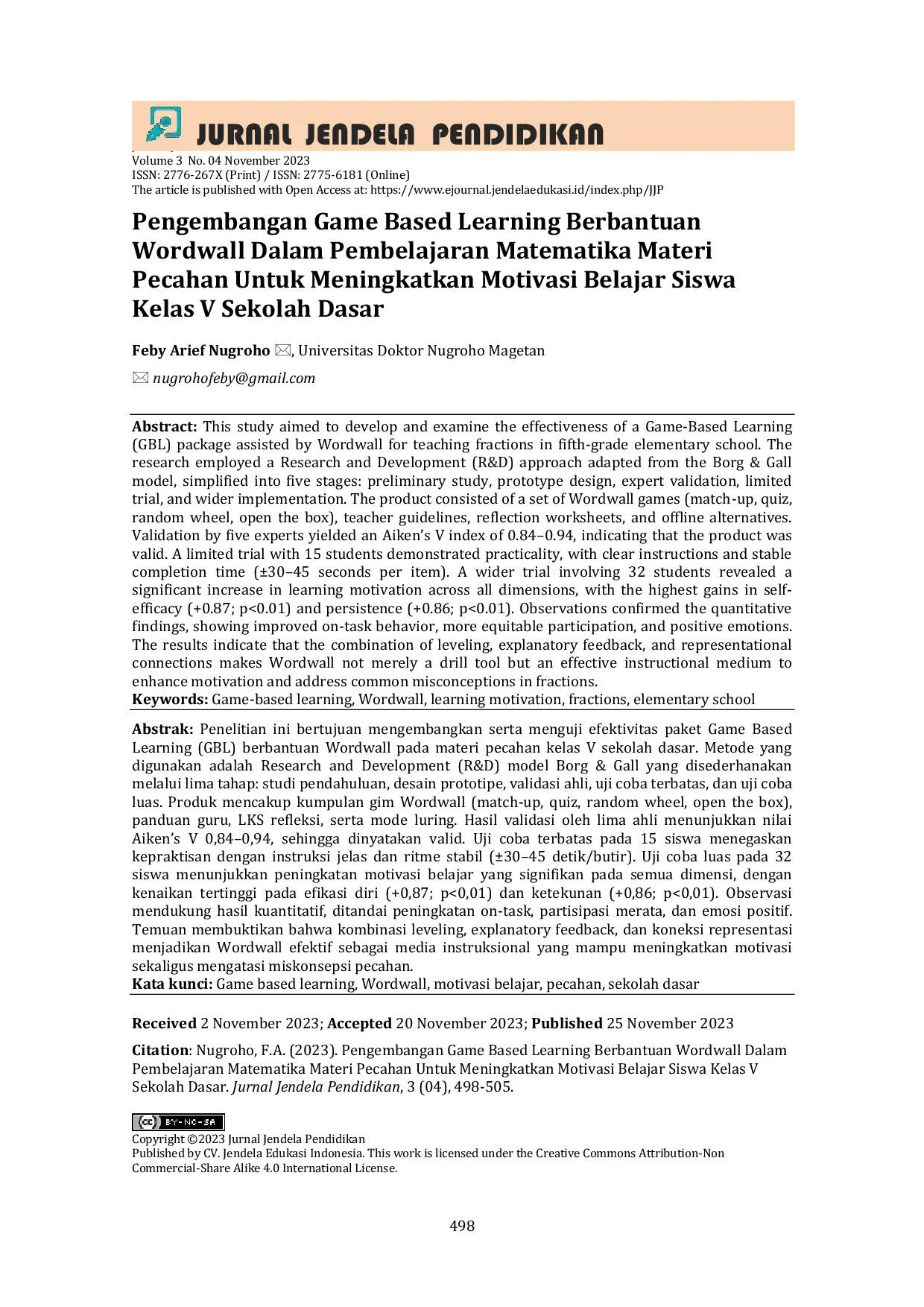 JURIS Pengembangan Game Based Learning Berbantuan Wordwall Dalam Pembelajaran Matematika Materi Pecahan Untuk Meningkatkan Motivasi Belajar Siswa Kelas V Sekolah Dasar