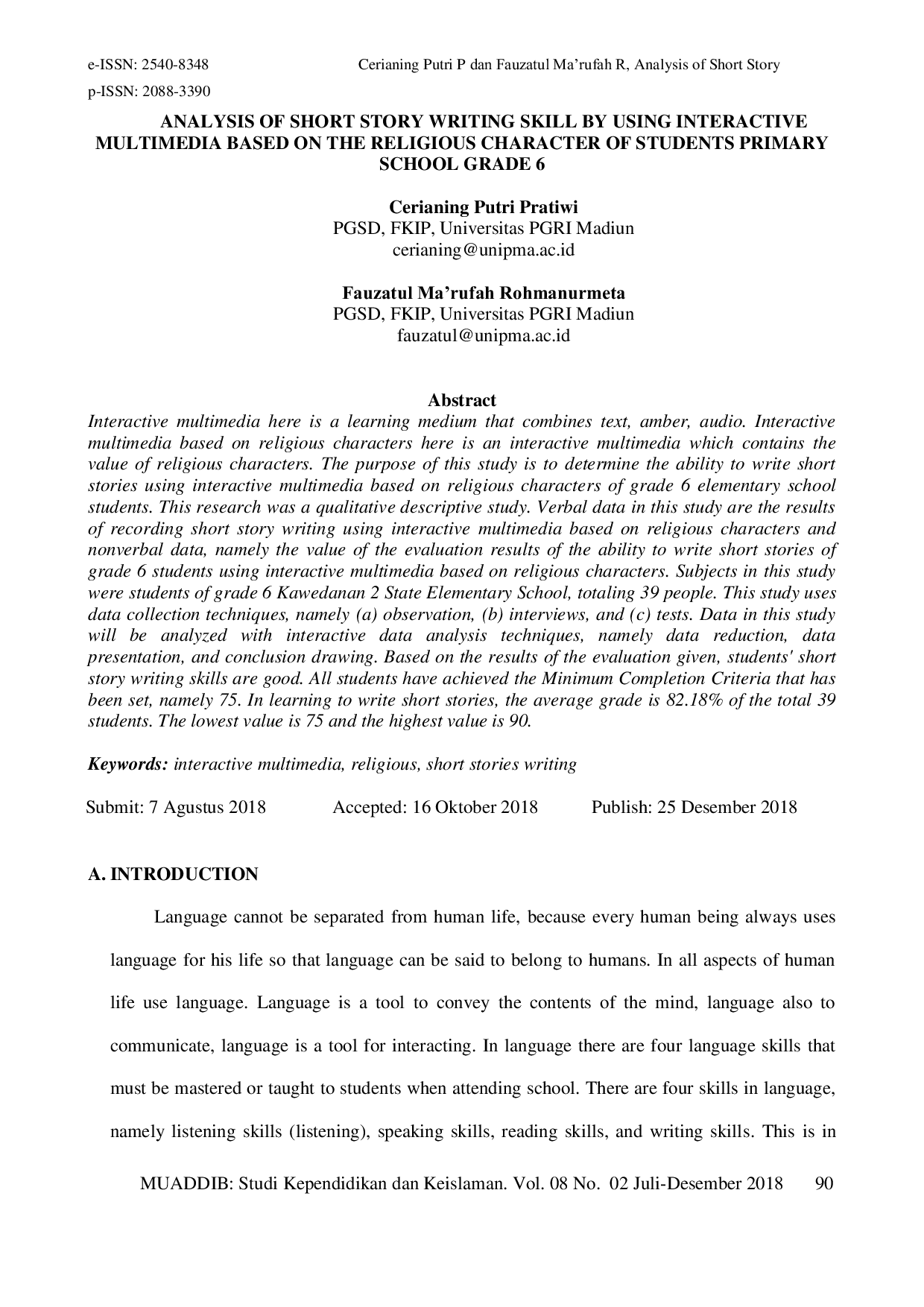 JURIS Analysis of Short Story Writing Skill by Using Interactive Multimedia Based on the Religious Character of Students Primary School Grade 6