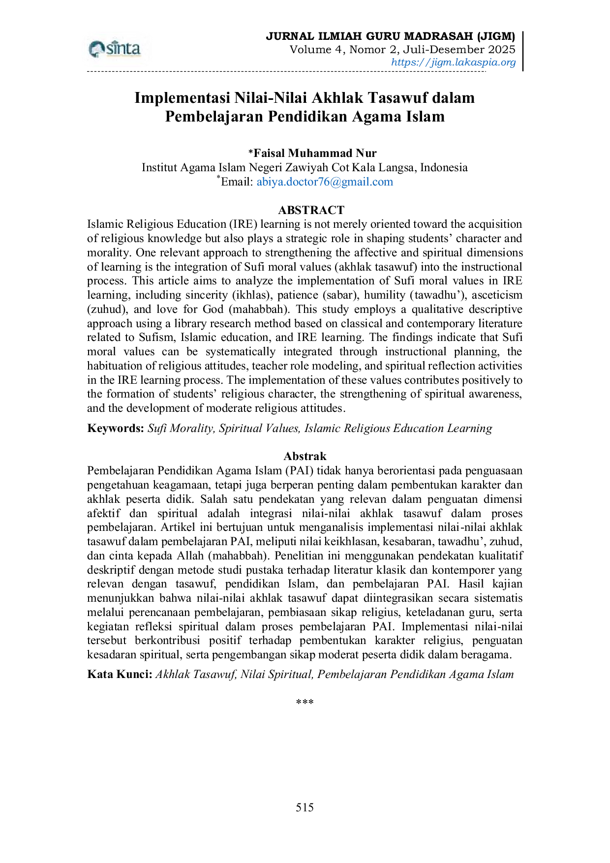 JURIS Implementasi Nilai Nilai Akhlak Tasawuf dalam Pembelajaran Pendidikan Agama Islam