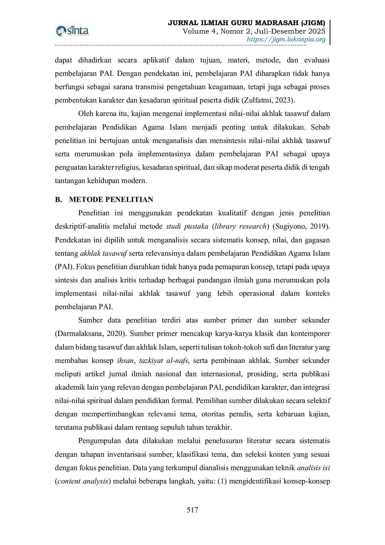 JURIS Implementasi Nilai Nilai Akhlak Tasawuf dalam Pembelajaran Pendidikan Agama Islam