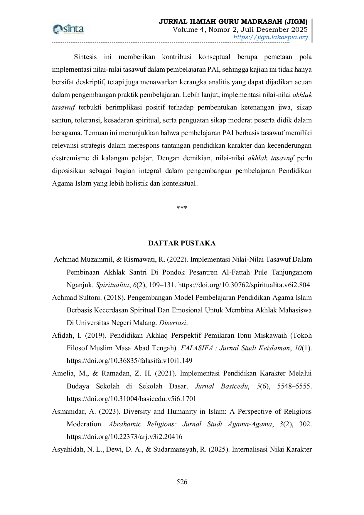 JURIS Implementasi Nilai Nilai Akhlak Tasawuf dalam Pembelajaran Pendidikan Agama Islam