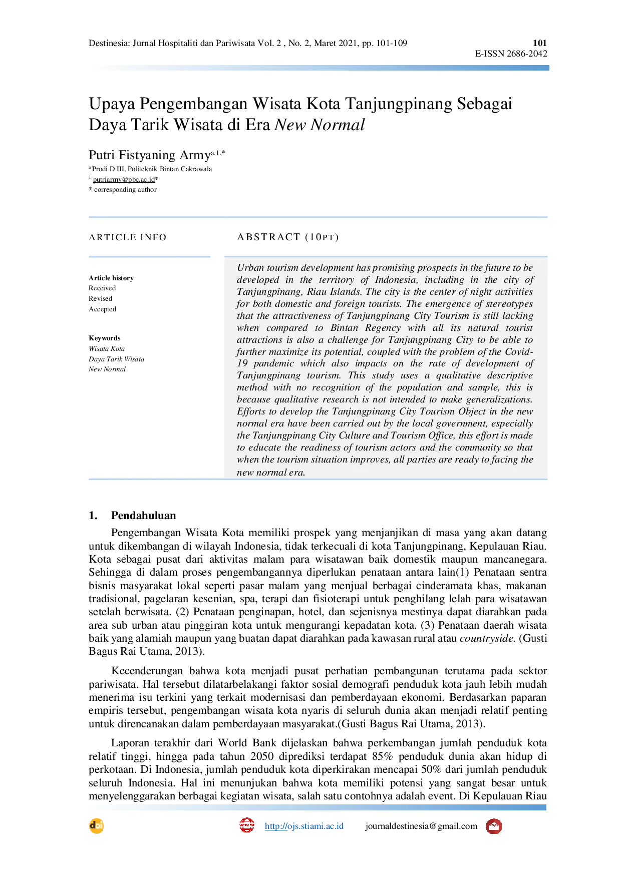 JURIS Upaya Pengembangan Wisata Kota Tanjungpinang Sebagai Daya Tarik Wisata di Era New Normal