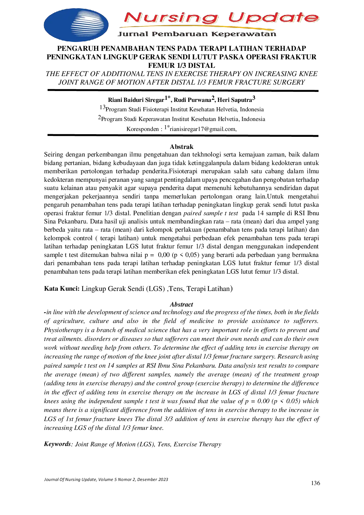 JURIS Pengaruh Penambahan Tens Pada Terapi Latihan Terhadap Peningkatan Lingkup Gerak Sendi Lutut Paska Operasi Fraktur Femur 1 3 Distal