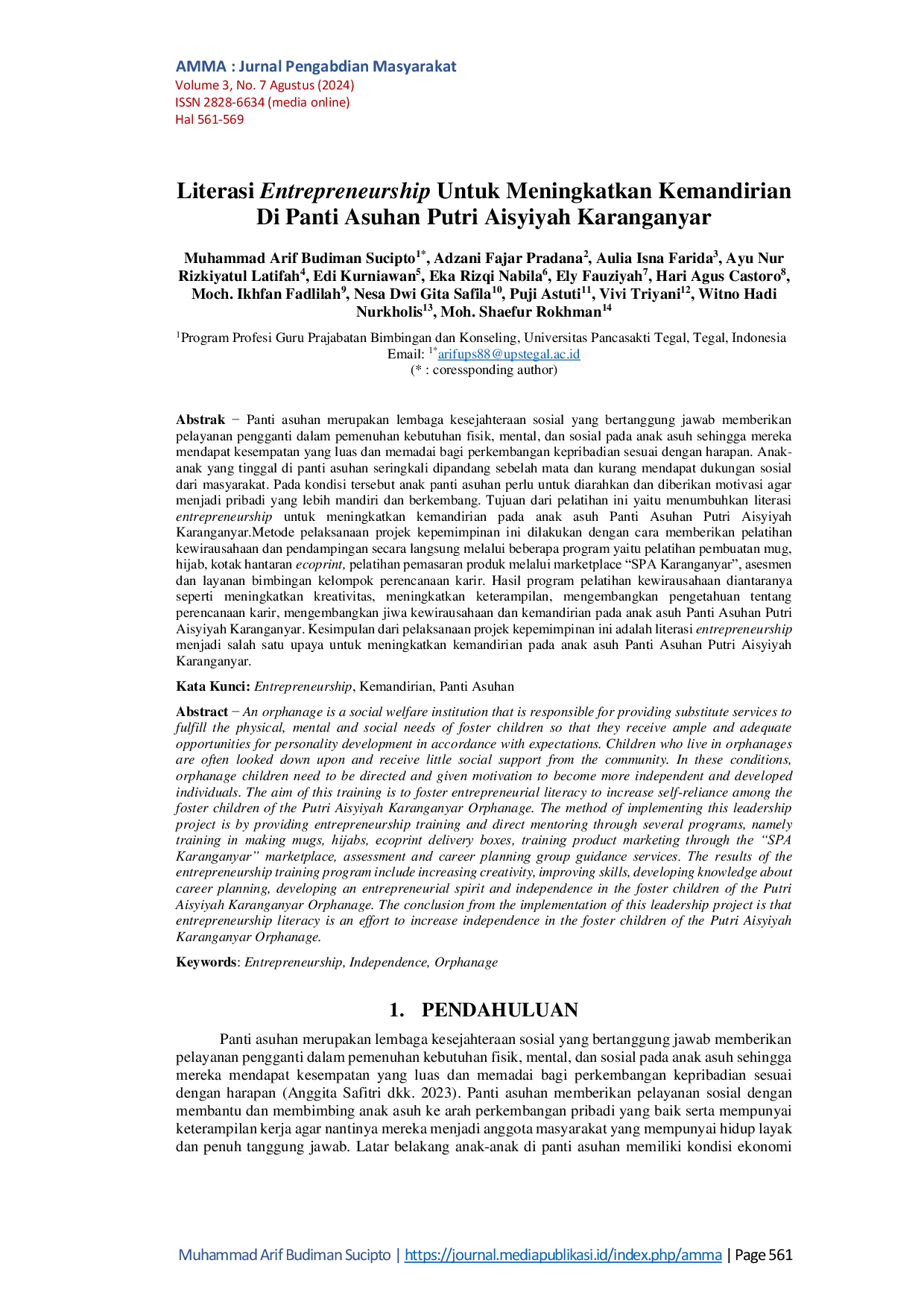 JURIS Literasi Entrepreneurship Untuk Meningkatkan Kemandirian Di Panti Asuhan Putri Aisyiyah Karanganyar