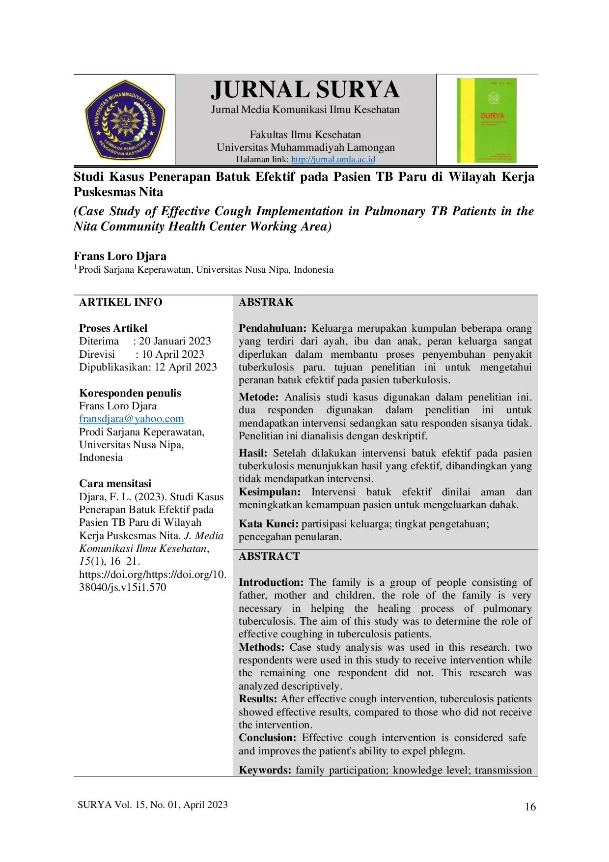 JURIS Case Study of Effective Cough Implementation in Pulmonary TB Patients in the Nita Community Health Center Working Area