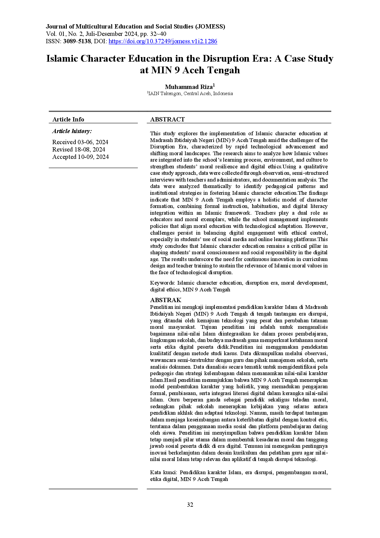 juris Islamic Character Education in the Disruption Era A Case Study at MIN 9 Aceh Tengah