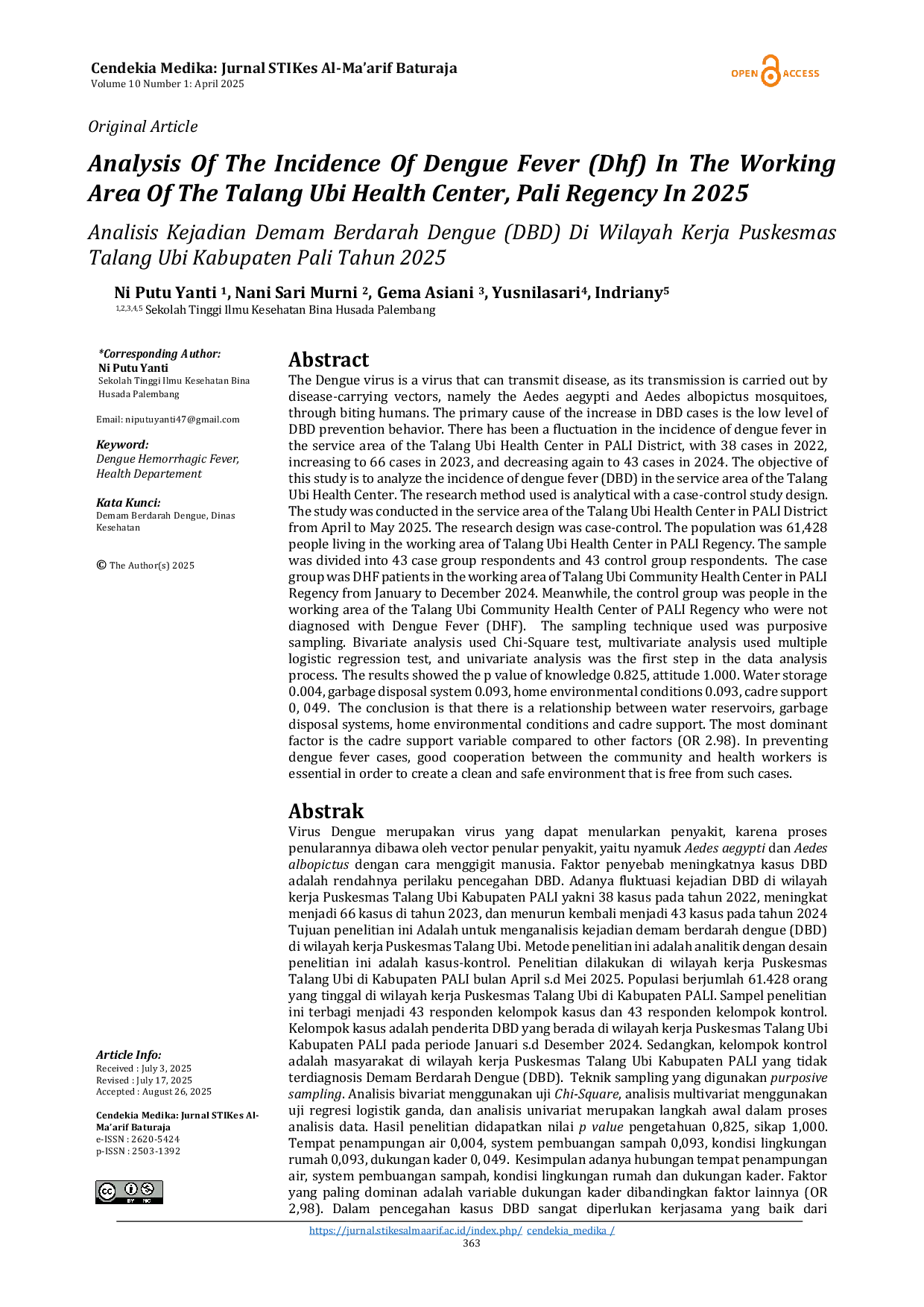 JURIS Analysis of the Incidence of Dengue Fever DHF in the Working Area of the Talang Ubi Health Center Pali Regency in 2025