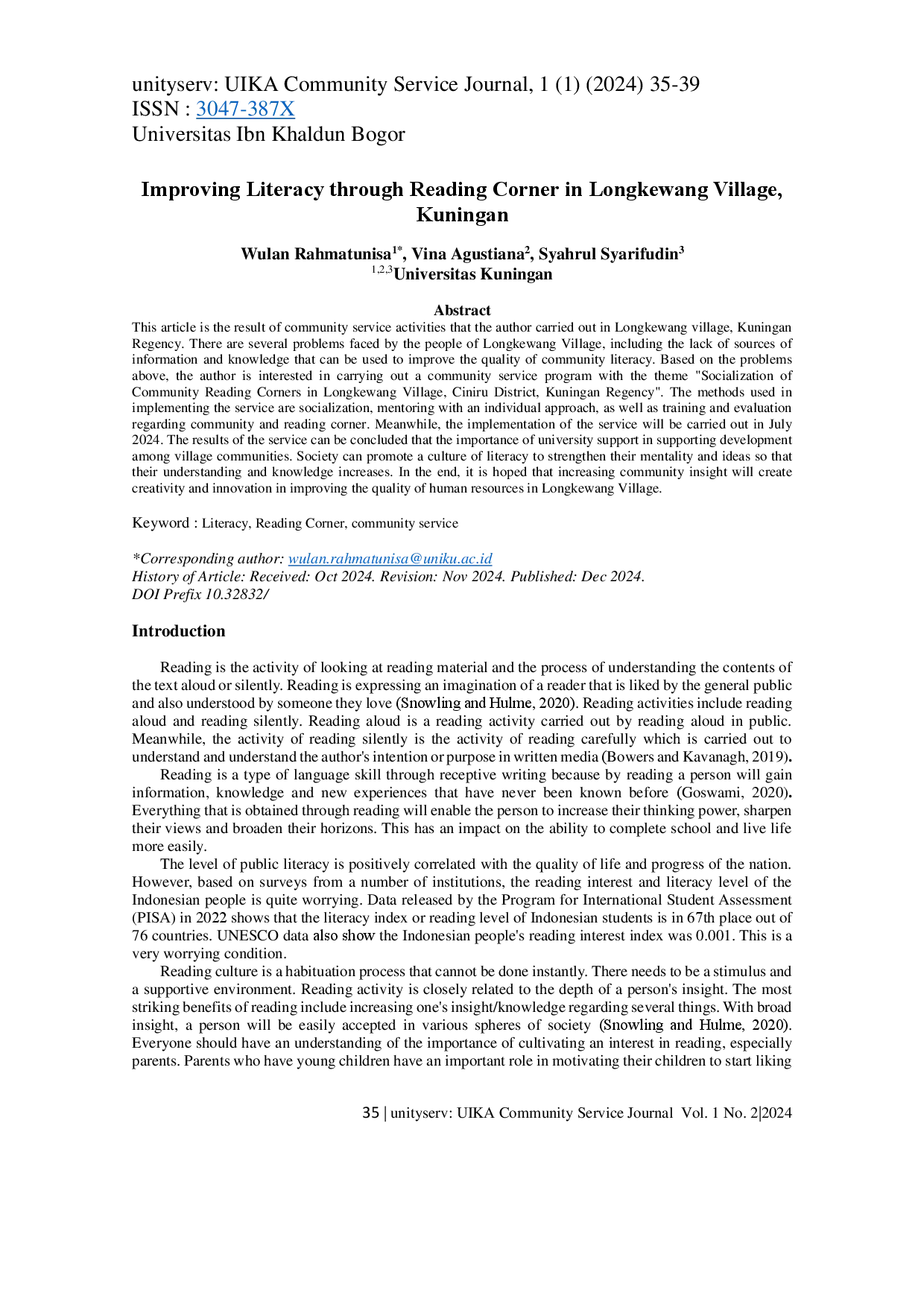 juris Improving Literacy through Reading Corner in Longkewang Village Kuningan