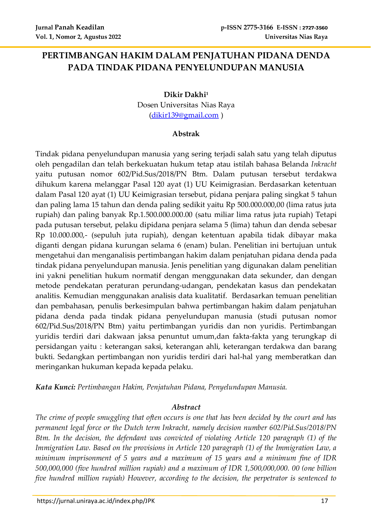 JURIS Pertimbangan Hakim Dalam Penjatuhan Pidana Denda Pada Tindak Pidana Penyelundupan Manusia
