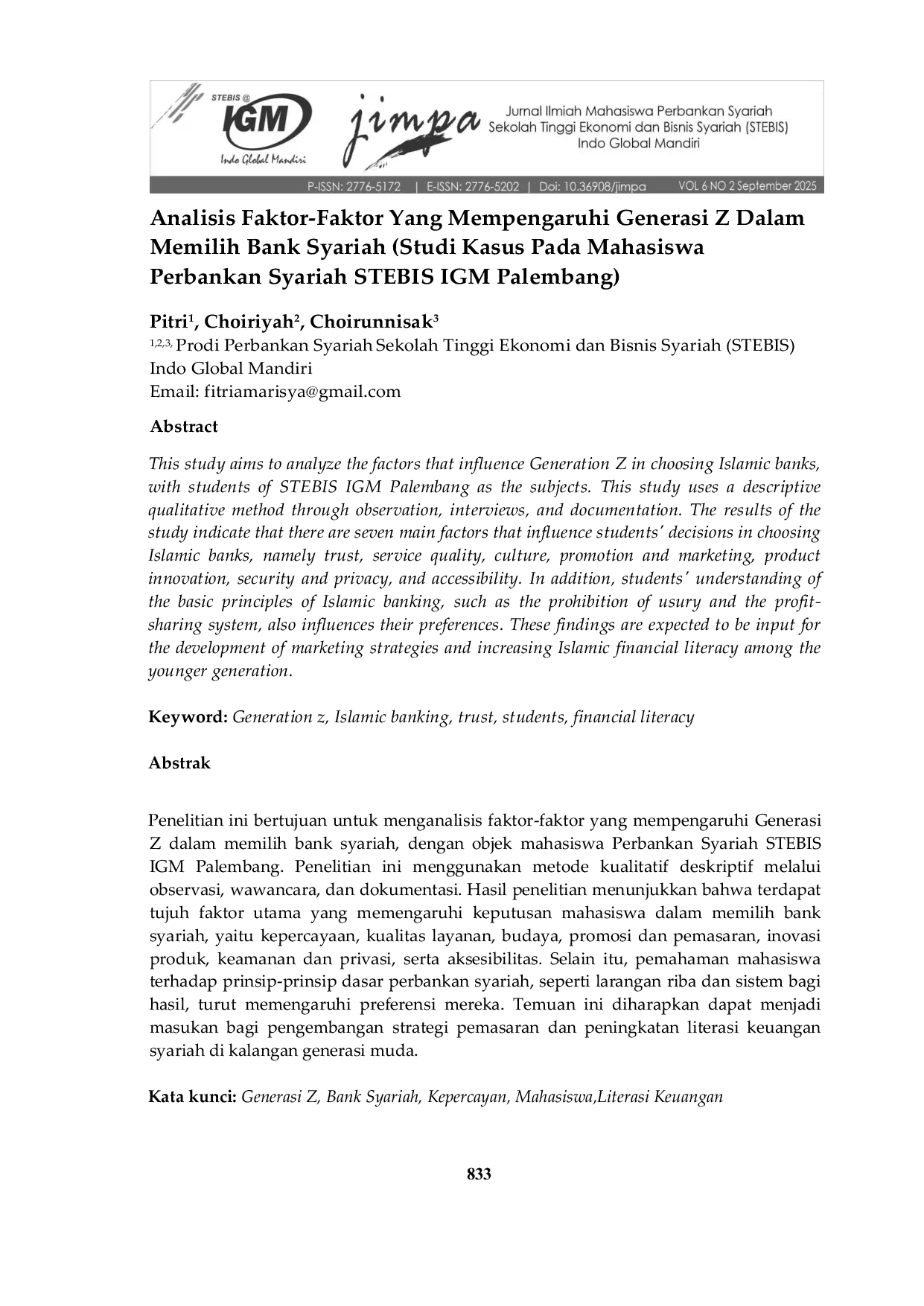 JURIS Analisis Faktor Faktor Yang Mempengaruhi Generasi Z Dalam Memilih Bank Syariah Studi Kasus Pada Mahasiswa Perbankan Syariah STEBIS IGM Palembang