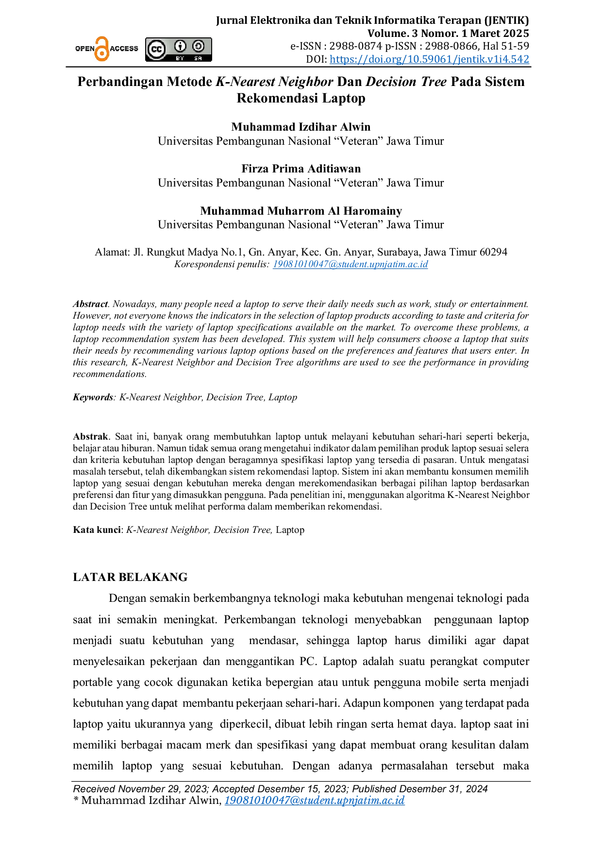 JURIS Perbandingan Metode K Nearest Neighbor Dan Decision Tree Pada Sistem Rekomendasi Laptop