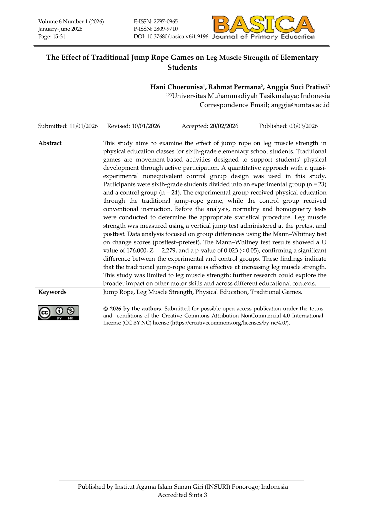 JURIS The Effect of Traditional Jump Rope Games on Leg Muscle Strength of Elementary Students