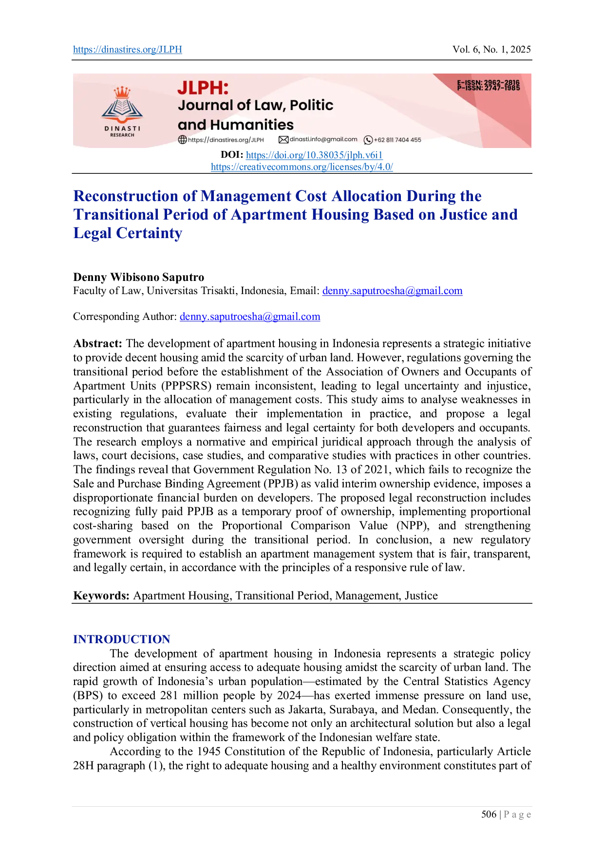JURIS Reconstruction of Management Cost Allocation During the Transitional Period of Apartment Housing Based on Justice and Legal Certainty