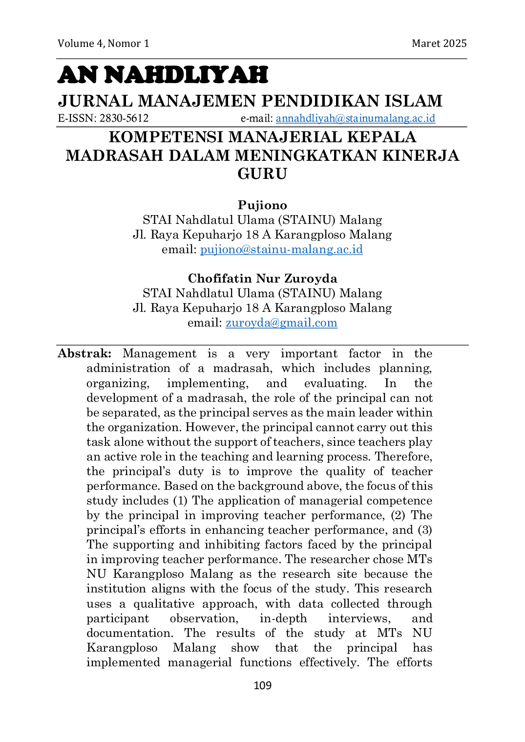 JURIS Kompetensi Manajerial Kepala Madrasah dalam Meningkatkan Kinerja Guru