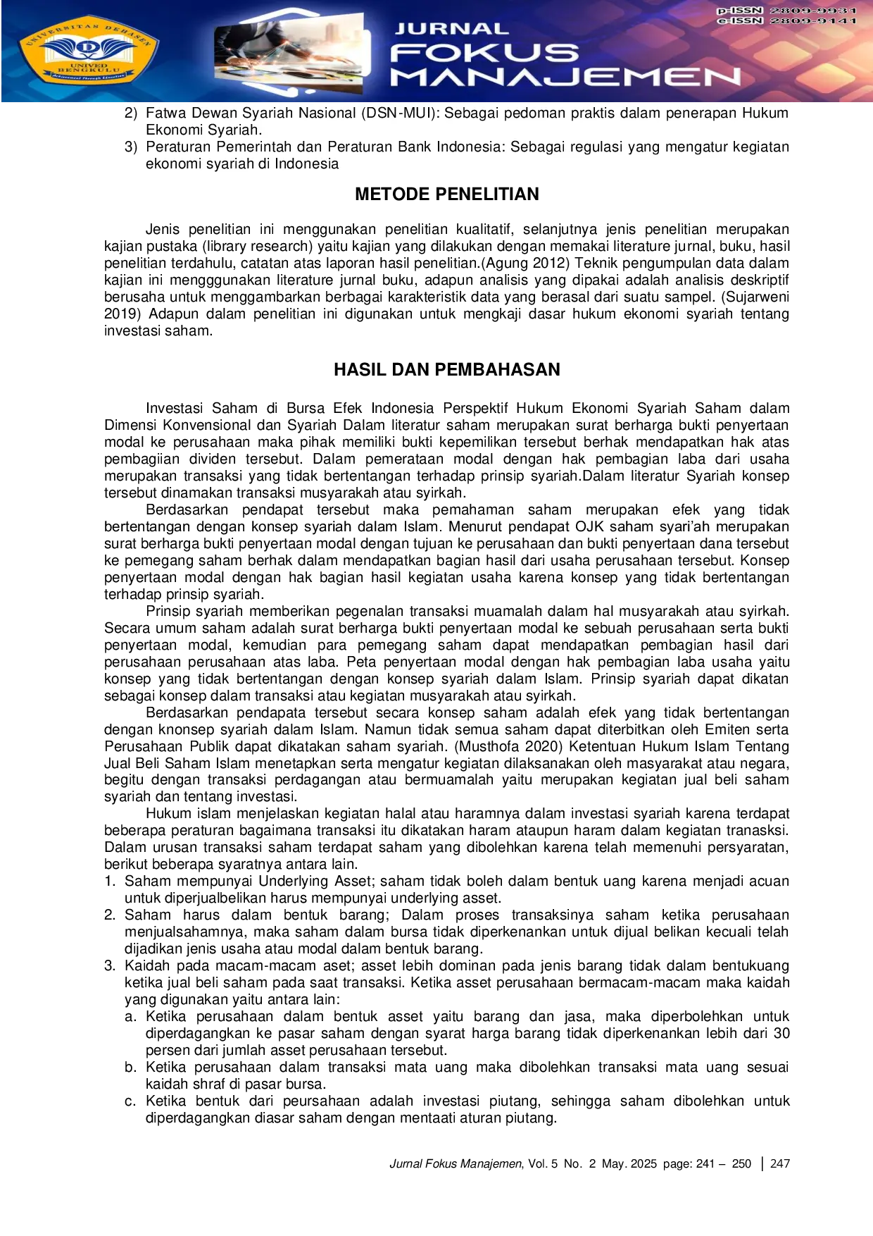 JURIS Sharia Stock Investment On The Indonesia Stock Exchange In The Perspective Of Sharia Economic Law